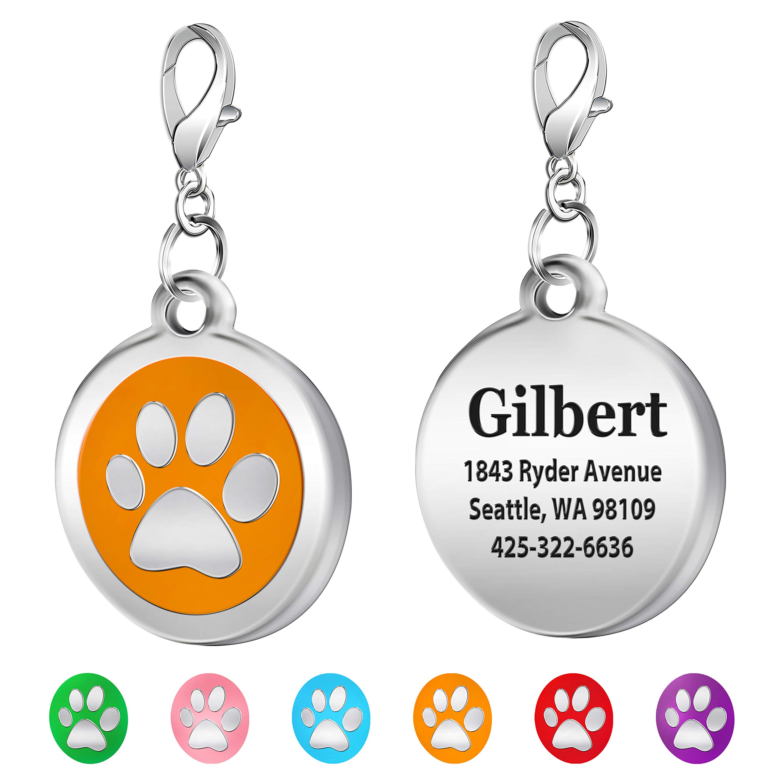 TedYoho Personalized Paw Round Colorful Pet ID Dog Tags Laser Etched Deep Engraved Name on Stainless Steel (Orange)