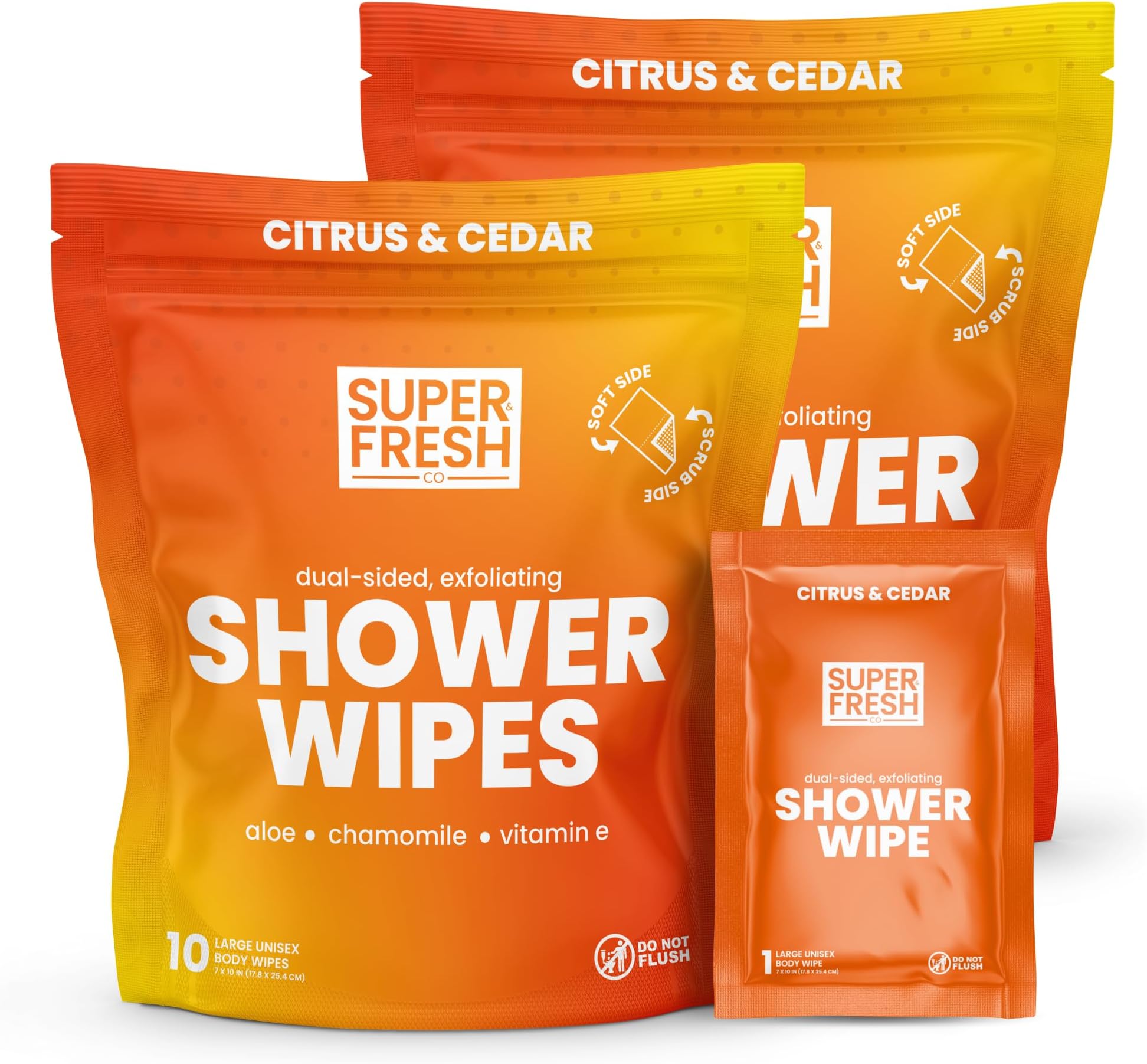 Super Fresh Shower Wipes Large Citrus & Cedar Body Wipes for No Rinse Bathing Personal Hygiene Gym Travel or Camping Enriched with Aloe and Vitamin E 20 Individually Wrapped Disposable Sheets