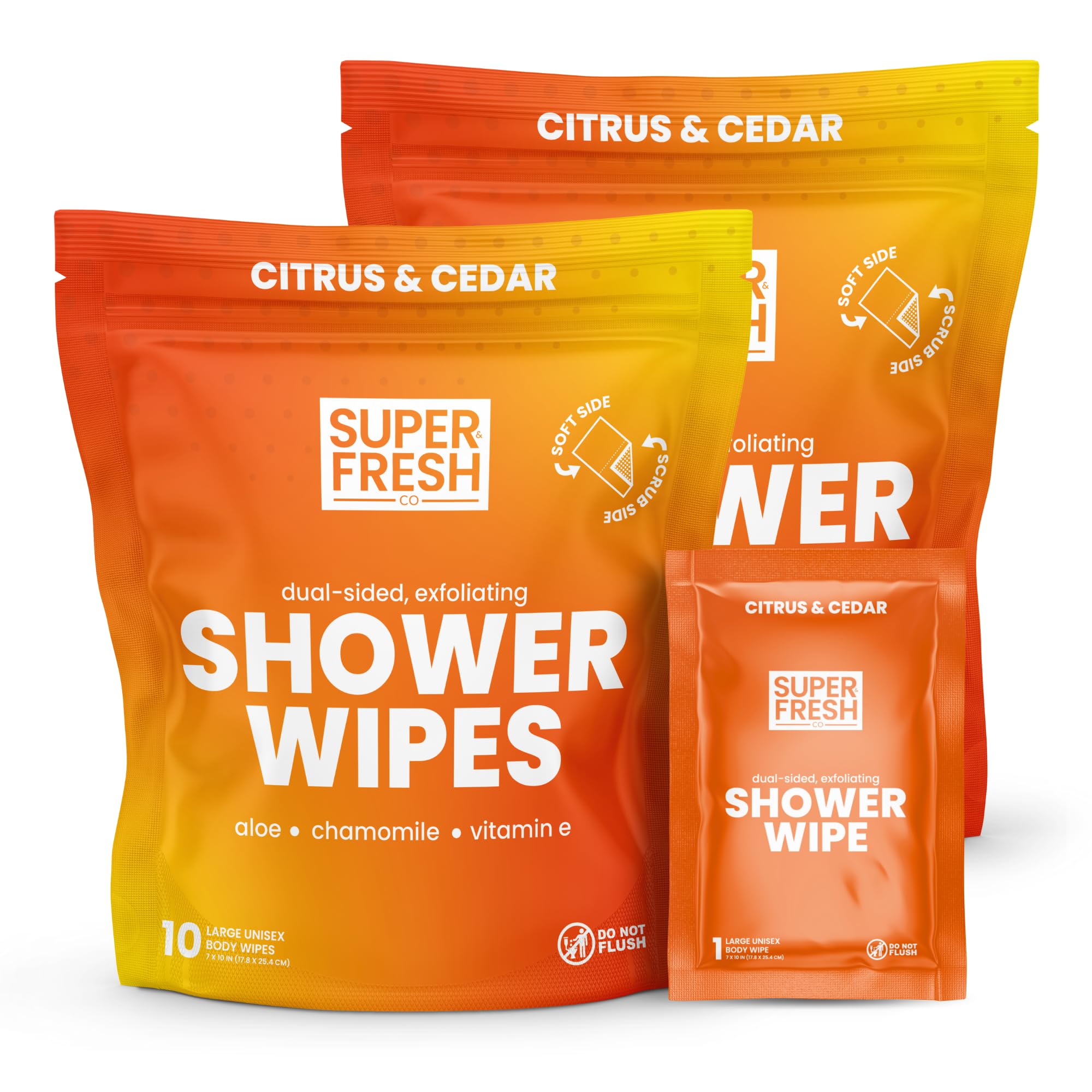 Super Fresh Shower Wipes Large Citrus & Cedar Body Wipes for No Rinse Bathing Personal Hygiene Gym Travel or Camping Enriched with Aloe and Vitamin E 20 Individually Wrapped Disposable Sheets