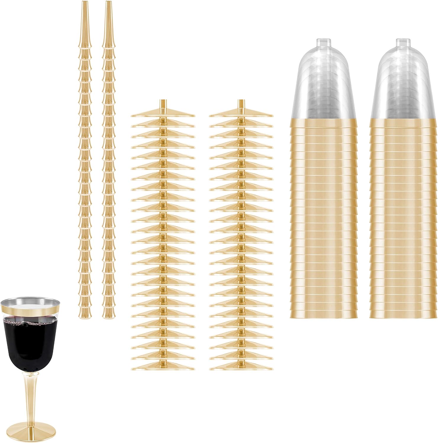 BloominGoods Disposable Wine Glasses With Stem, 10 Oz. Gold Rim Plastic Wine Glasses For Parties, Weddings, Large Clear Wine Cups Plastic, 50 Ct.