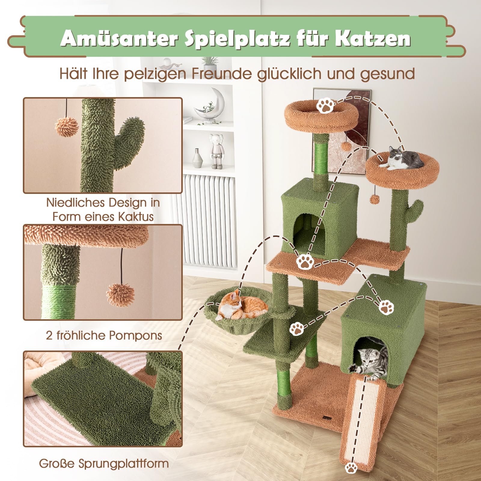COSTWAY Kattenboom, Houten Kattentoren met Platform, Krabpalen en