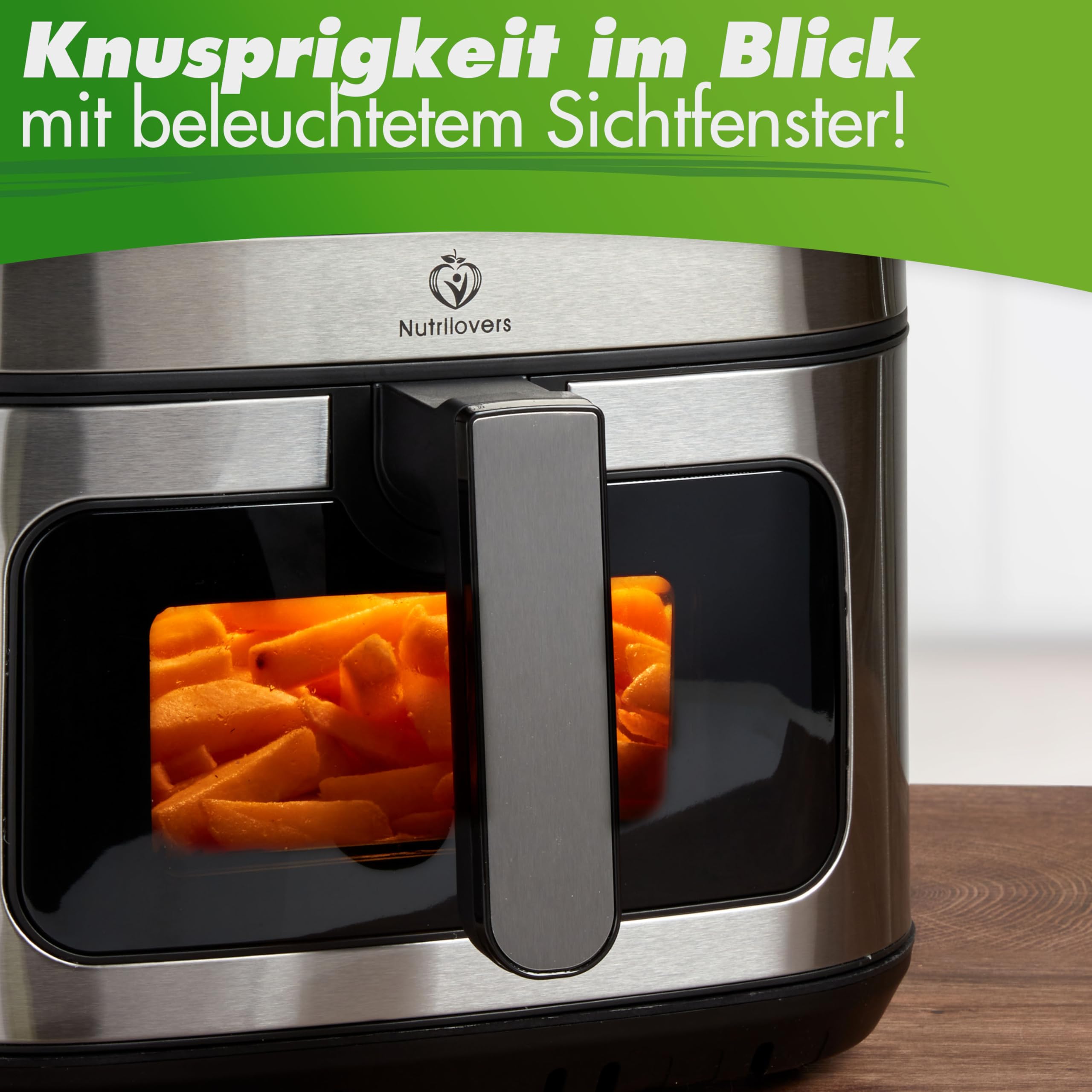 Nutrilovers Heißluftfritteuse NUTRI-FRYER EDELSTAHL XXL 8L, 2000W, Airfryer Edelstahl mit LED Touch Display, Double Heating Technologie, Sichtfenster, fettarme Pommes Fritteuse ohne Öl inkl. Rezepte