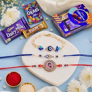 CraftVatika Chocolates with Rakhi for Brother Bhabhi Kids, Rakhi Set of 3 for Bhaiya Bhabhi Kids, Evil Eye Lumba Chocolates Gift with Gift Hamper (Type-1)