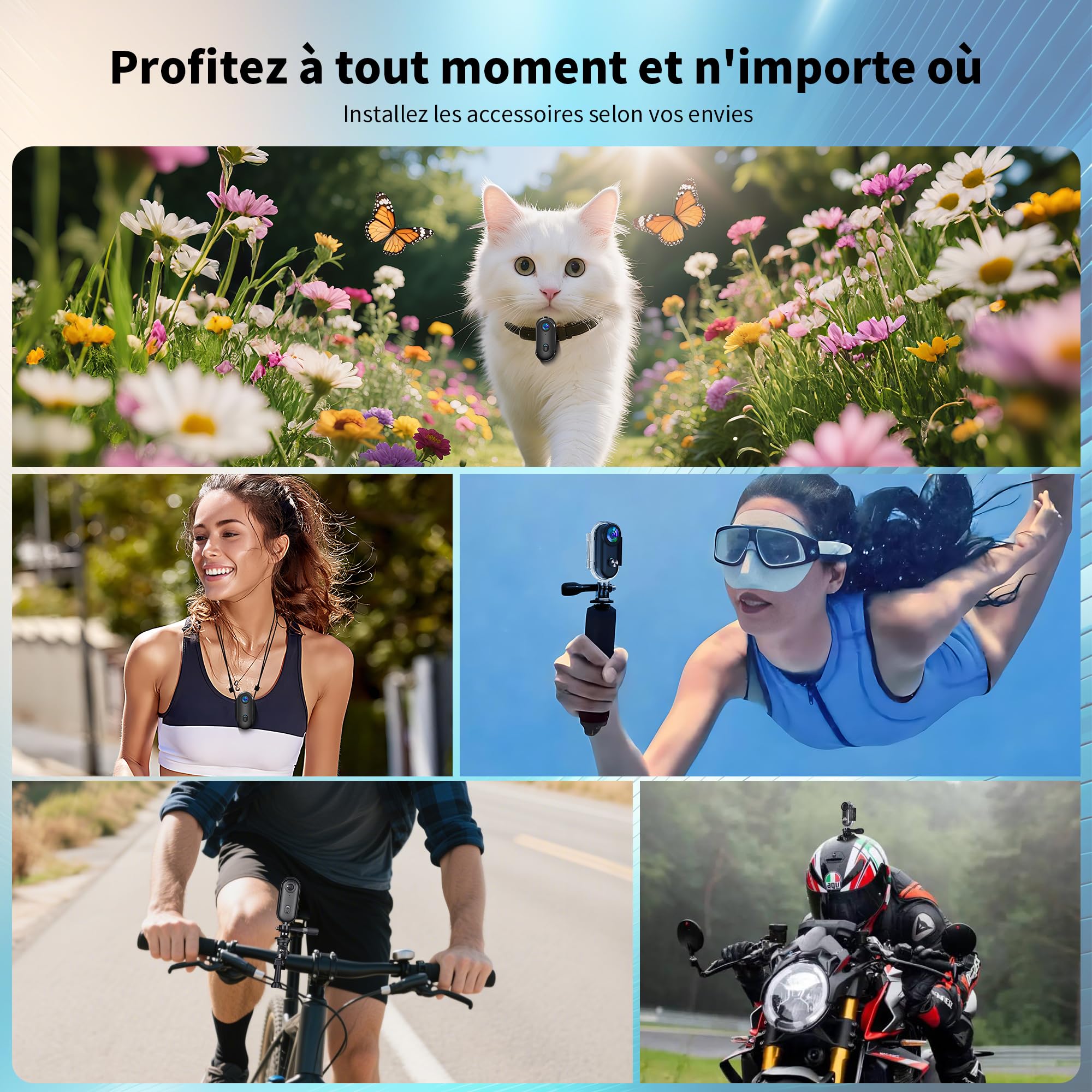 Mini Caméra Sport 4K WiFi, 360° Camera Vlog, Caméra d'action pour Casque de Moto, Bodycam Portable Étanche jusqu'à 30M, Accessoires Multifonctionnels