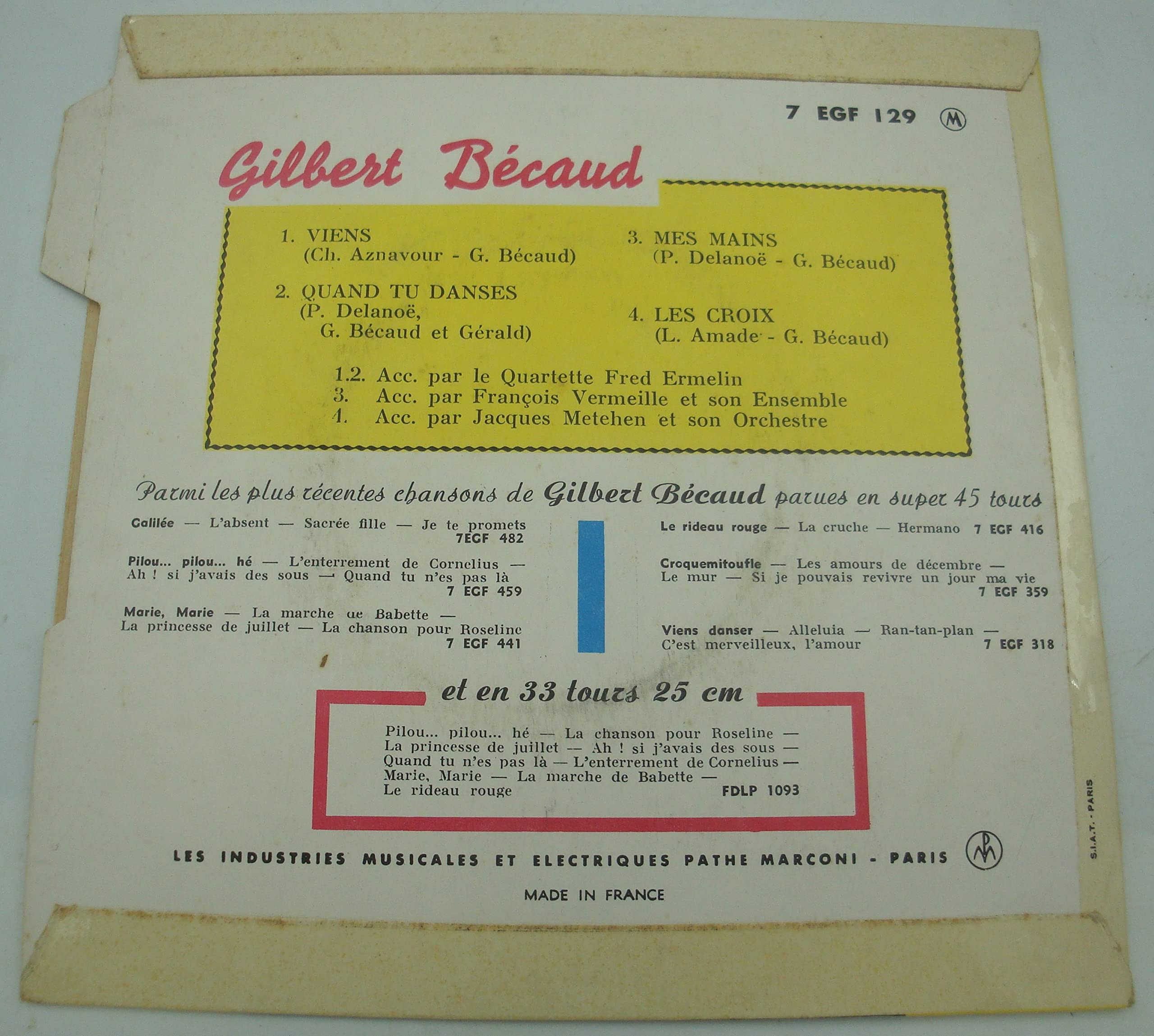 1 Disque Vinyle EP 45 Tours - LVDSM 129 - Gilbert Bécaud : Viens, Quand tu danses, Mes Mains, Les Croix - (Disque vinyle EP 45t)