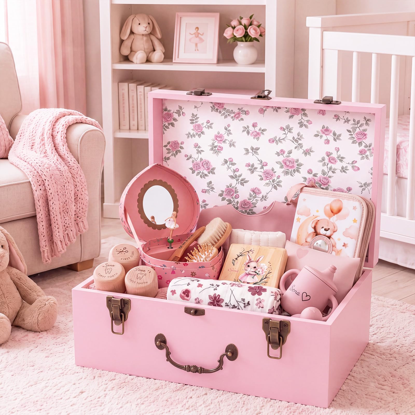 SiliFine Scatola dei ricordi rosa in legno, grande, per neonati, genitori, battesimo, regalo di compleanno, per ragazze, primo ricordo, per baby shower, 27,9 x 22,50 x 12,50 cm