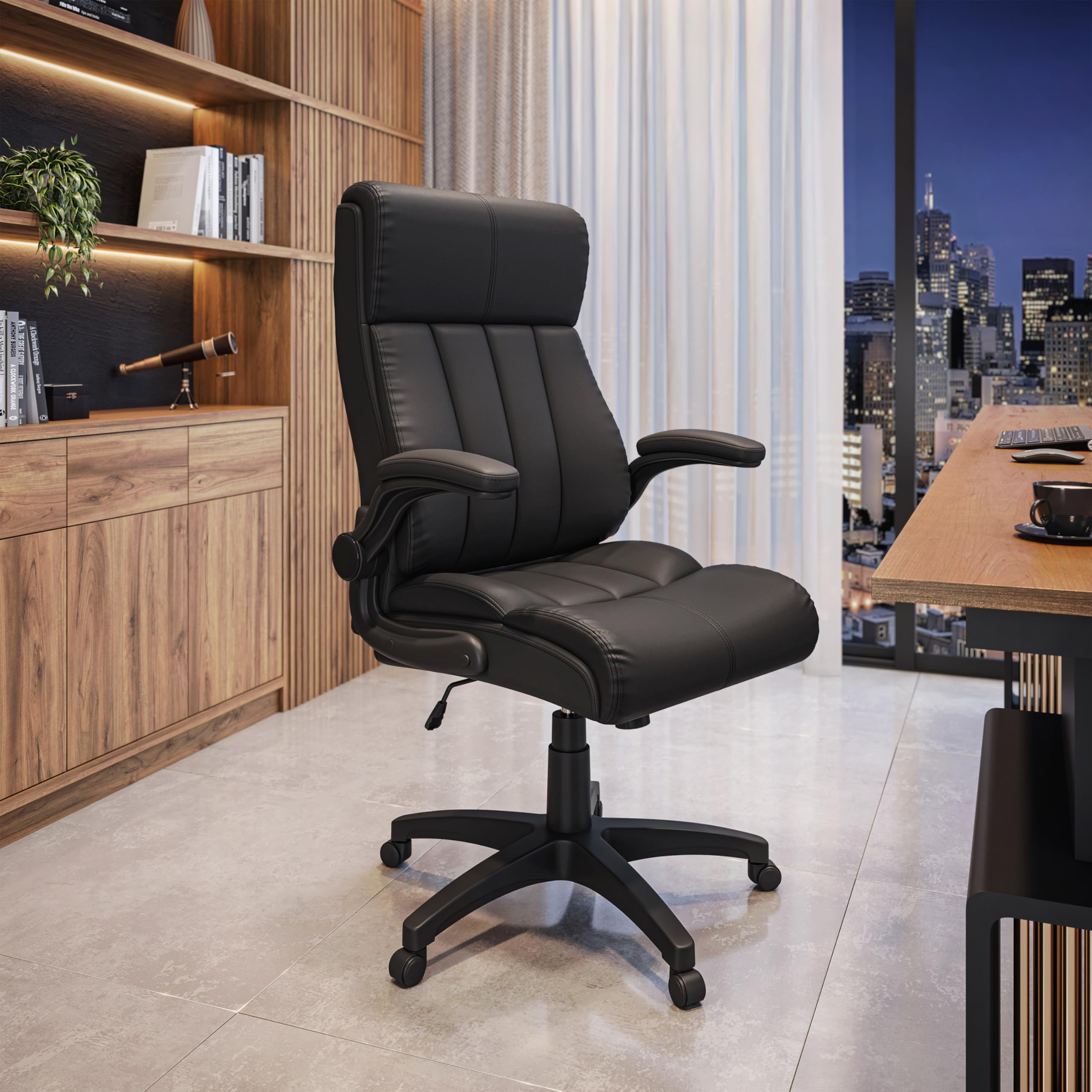 Silla de oficina ejecutiva de cuero con reposabrazos acolchados abatibles y altura ajustable con control de inclinación, silla de escritorio de poliuretano, color negro 2