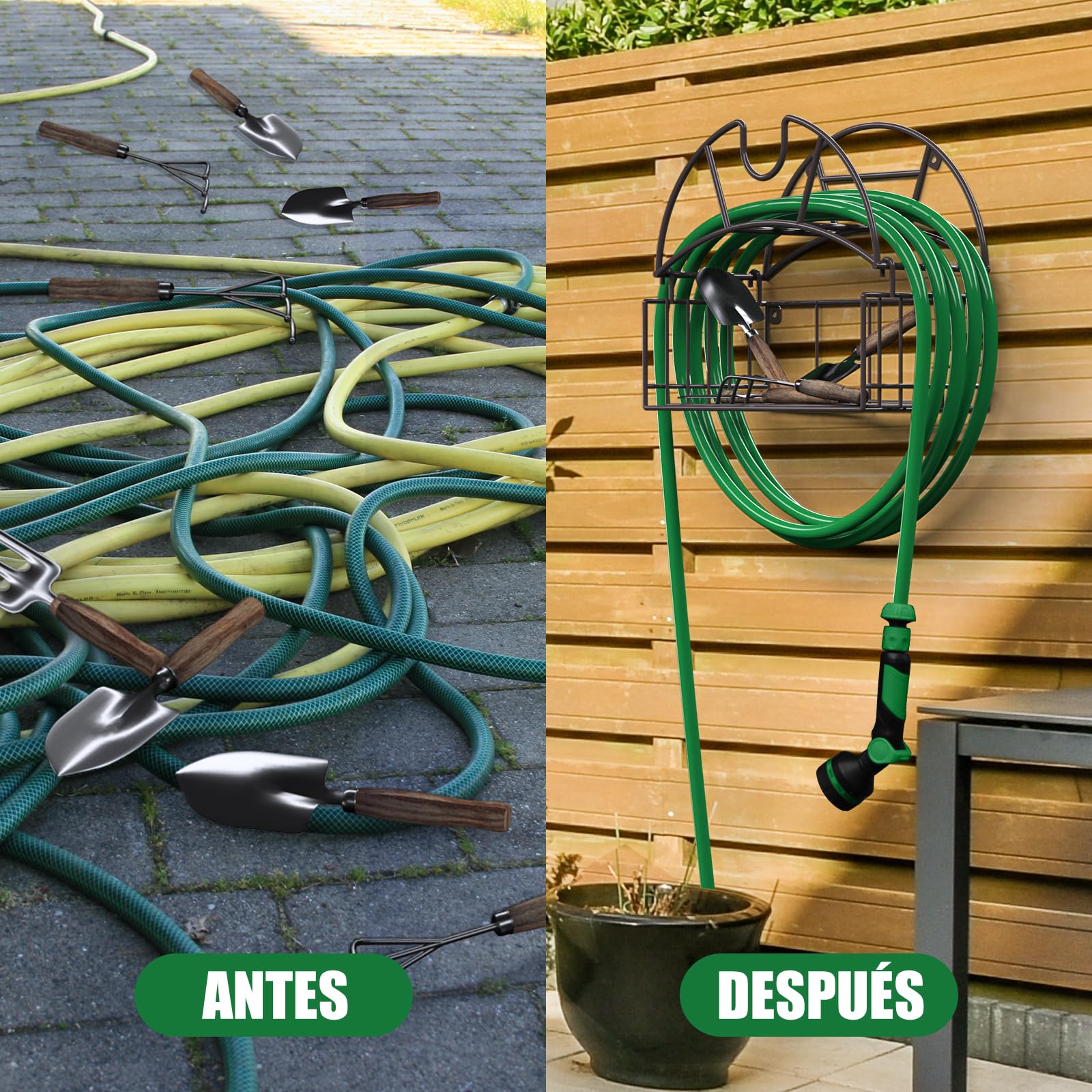 Soporte para manguera de jardín, soporte para manguera de agua de montaje en pared con cesta de almacenamiento de herramientas, soporta hasta 150 pies, organizador de manguera para patio exterior