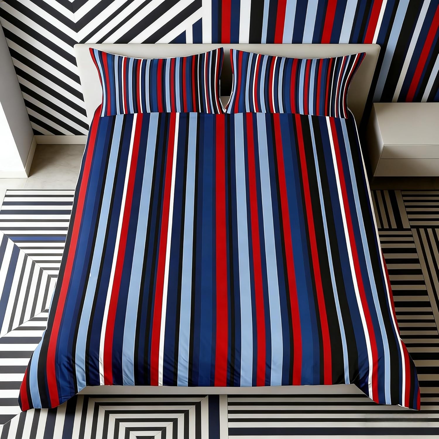Homewish Striped Duvet Cover Set Polyester Twin Size, Red Blue White Stripes Print Comforter Cover 2 Pieces for Kids Boys Room, Geometric Shape Ultra Soft Bedding Set with 1 Pillowcase, Microfiber