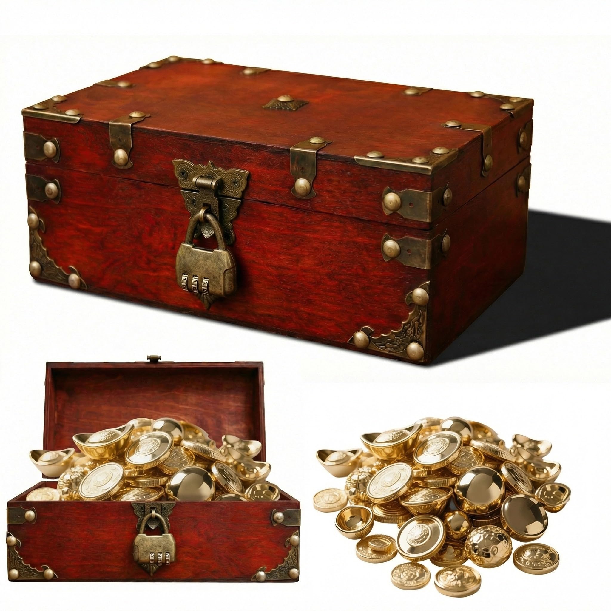 SZHUGEKI Vintage Wooden Treasure Chest Box with Lock, 24 x 17 x 9.5 cm