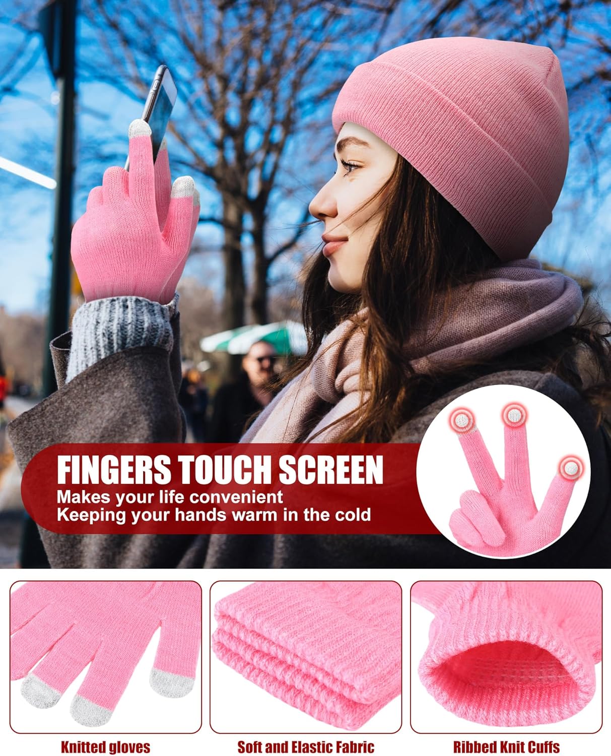 Suhine Bulk Winter Beanie Gloves Set for Homeless Knit Hats Gloves Unisex Skull Caps Gloves for Women - Image 3