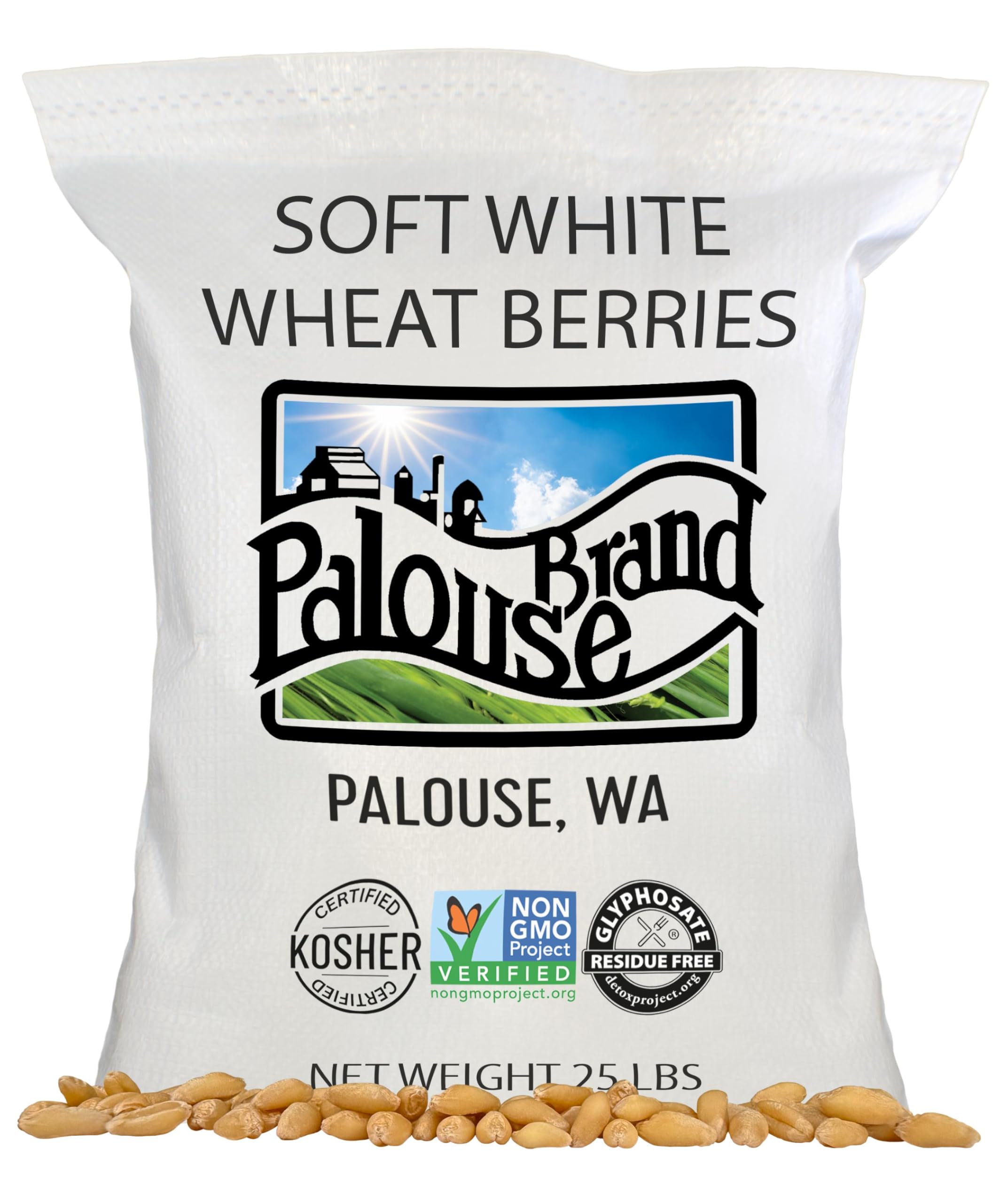 Palouse Brand Soft White Wheat Berries ? 100% Desiccant Free ? 25 lbs Bulk ? Non-GMO Project Verified ? Kosher Parve ? USA Grown ? Field Traced ? Poly Bag