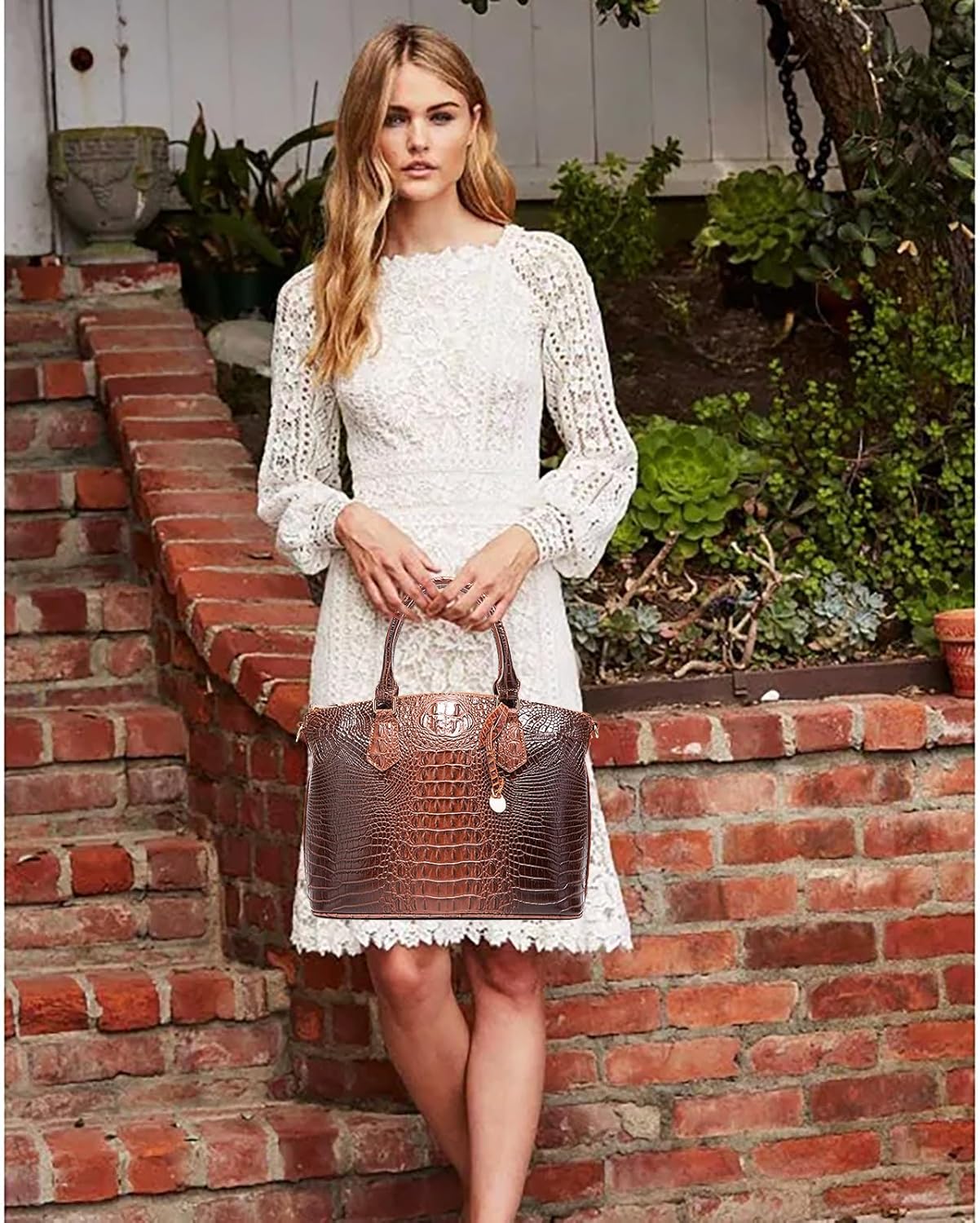 Women Purse Vegan Leather Crocodile-Embossed Pattern With Removable Shoulder Strap Top Handle Large Shoulder Bags | Vegan Leather, Top Handle