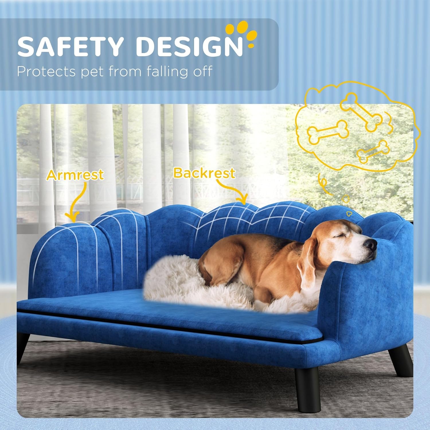 Large Dog Bed with Velvet Cushion and Birch Wood Legs