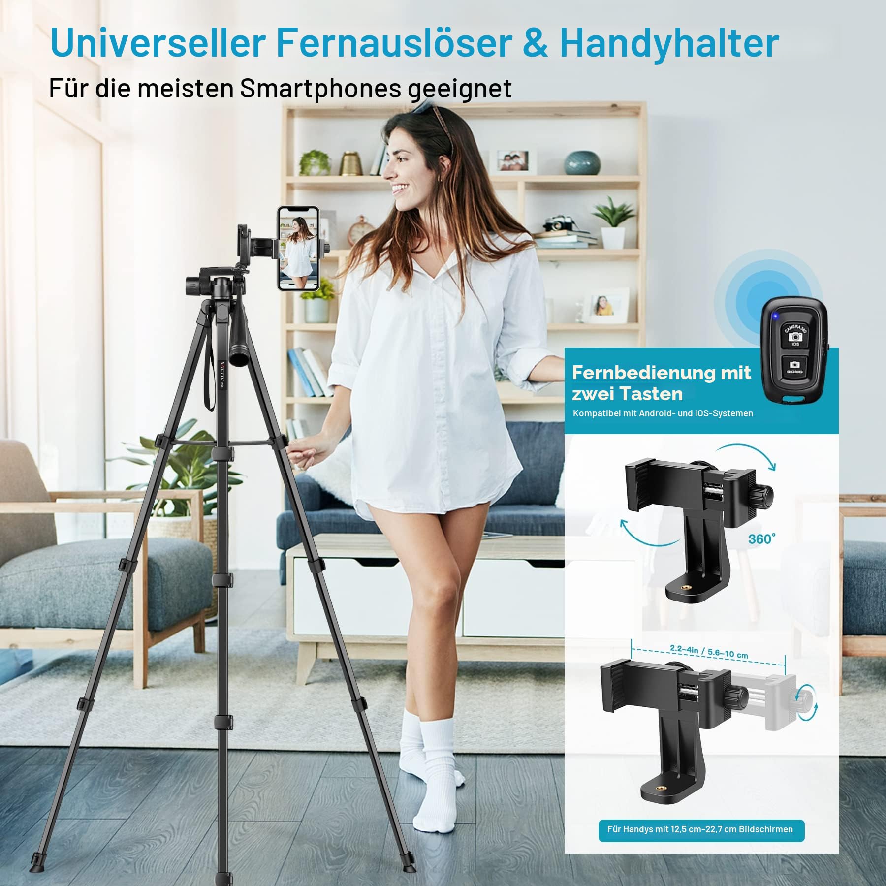 Victiv Neues Kamera Handy Stativ, 172cm Tragbares Camera Tripod, Aluminium Dreibein Stativ mit Abnehmbar 3-Wege-Kopf for für DSLR Canon Nikon Sony Action Kamera, Fotostativ für iPhone Smartphone