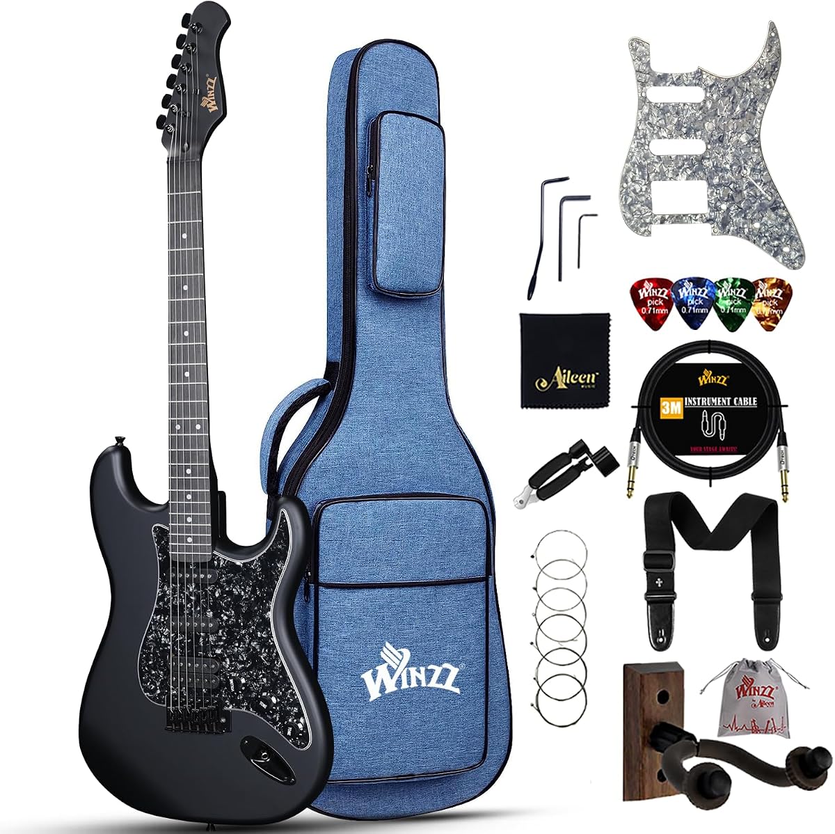 Winzz Adult Electric Guitar 4/4 Full Size, ST HSS Pickup, for Beginners Starter Pack with 12 Accessories, Ideal Kids Electric Guitar Kit 12+ Years (Black)