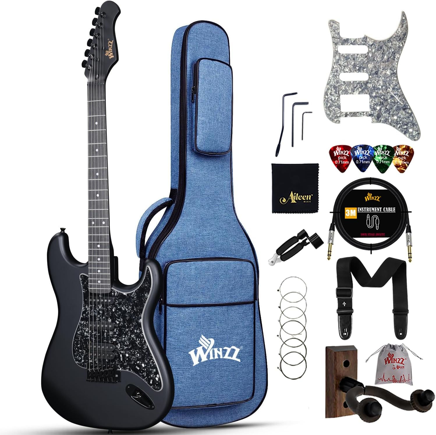 Winzz Adult Electric Guitar 4/4 Full Size, ST HSS Pickup, for Beginners Starter Pack with 12 Accessories, Ideal Kids Electric Guitar Kit 12+ Years (Black)