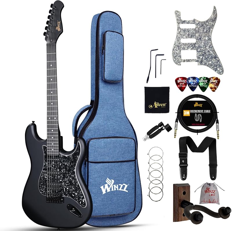 Winzz Adult Electric Guitar 4/4 Full Size, ST HSS Pickup, for Beginners Starter Pack with 12 Accessories, Ideal Kids Electric Guitar Kit 12+ Years (Black)