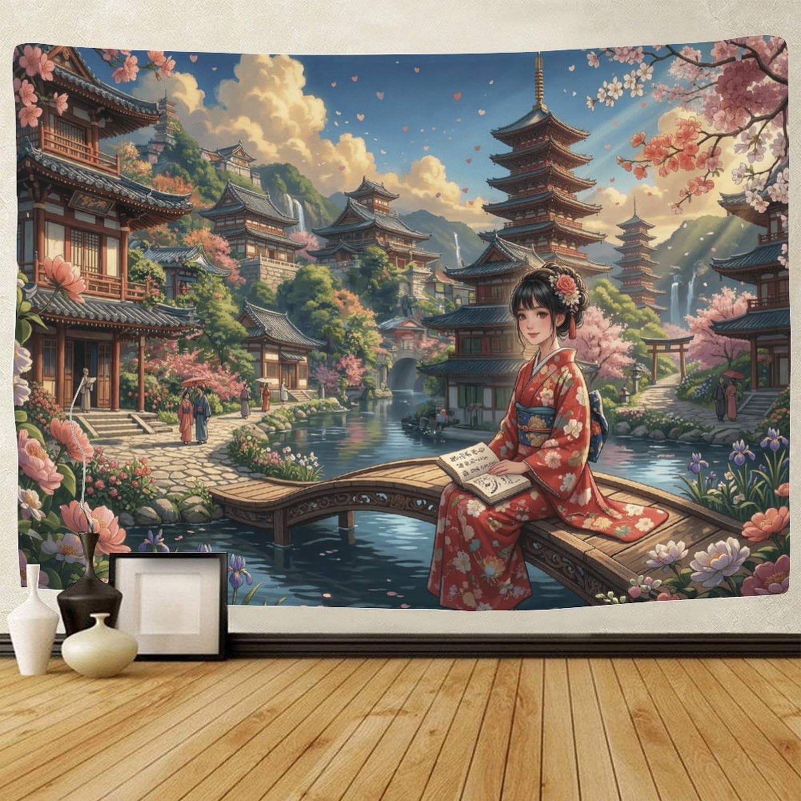 GPMNBCXZK Japanese Kimono Girl Wall Tapestry Bedroom Decor 3D Pagoda Home Hanging 100cmx150cm