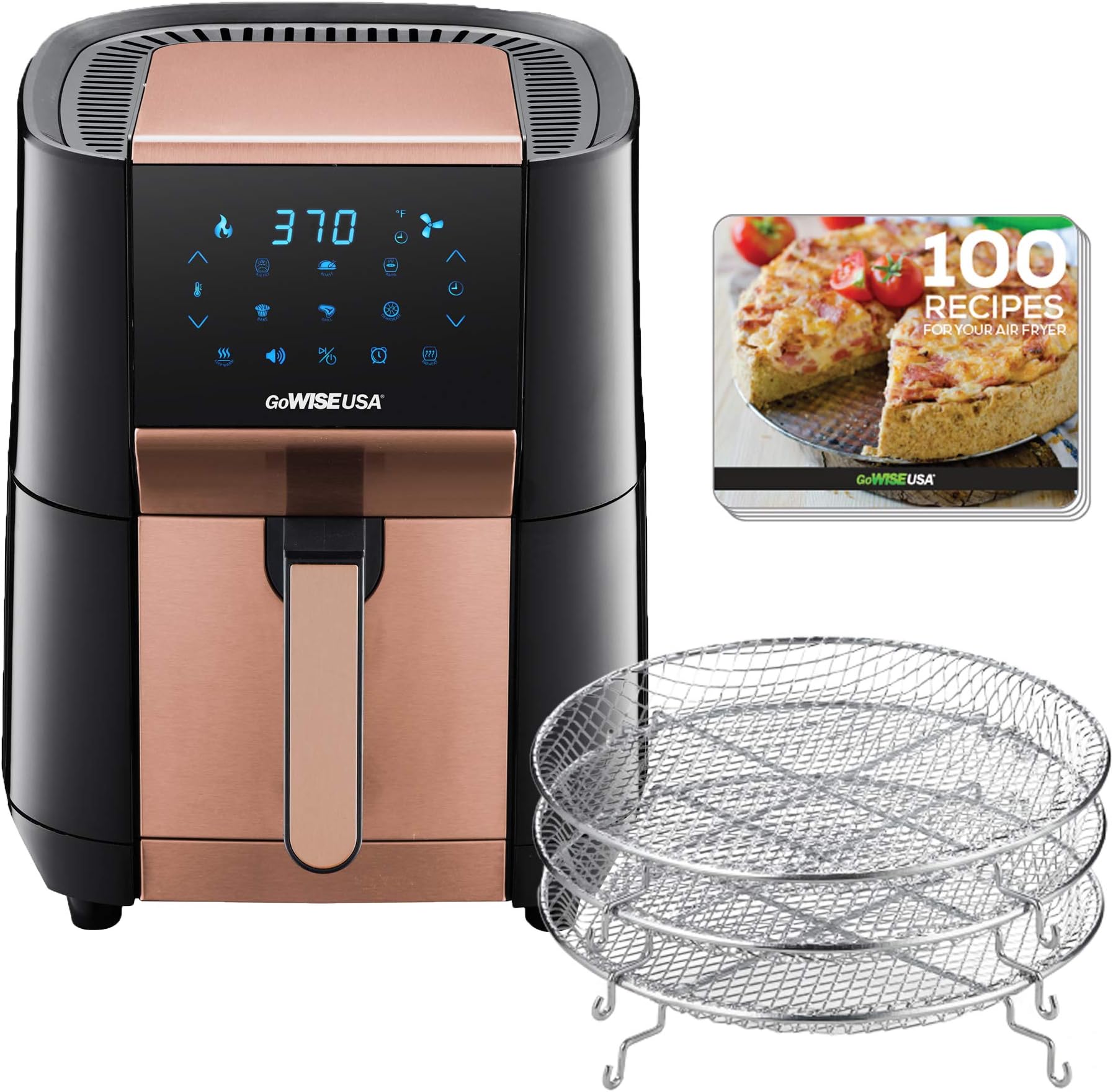 GoWISE USA 7-Quart Air Fryer & Dehydrator - with Ergonomic Touchscreen Display with Stackable Dehydrating Racks with Preheat & Broil Functions + 100 Recipes (Black/Copper))