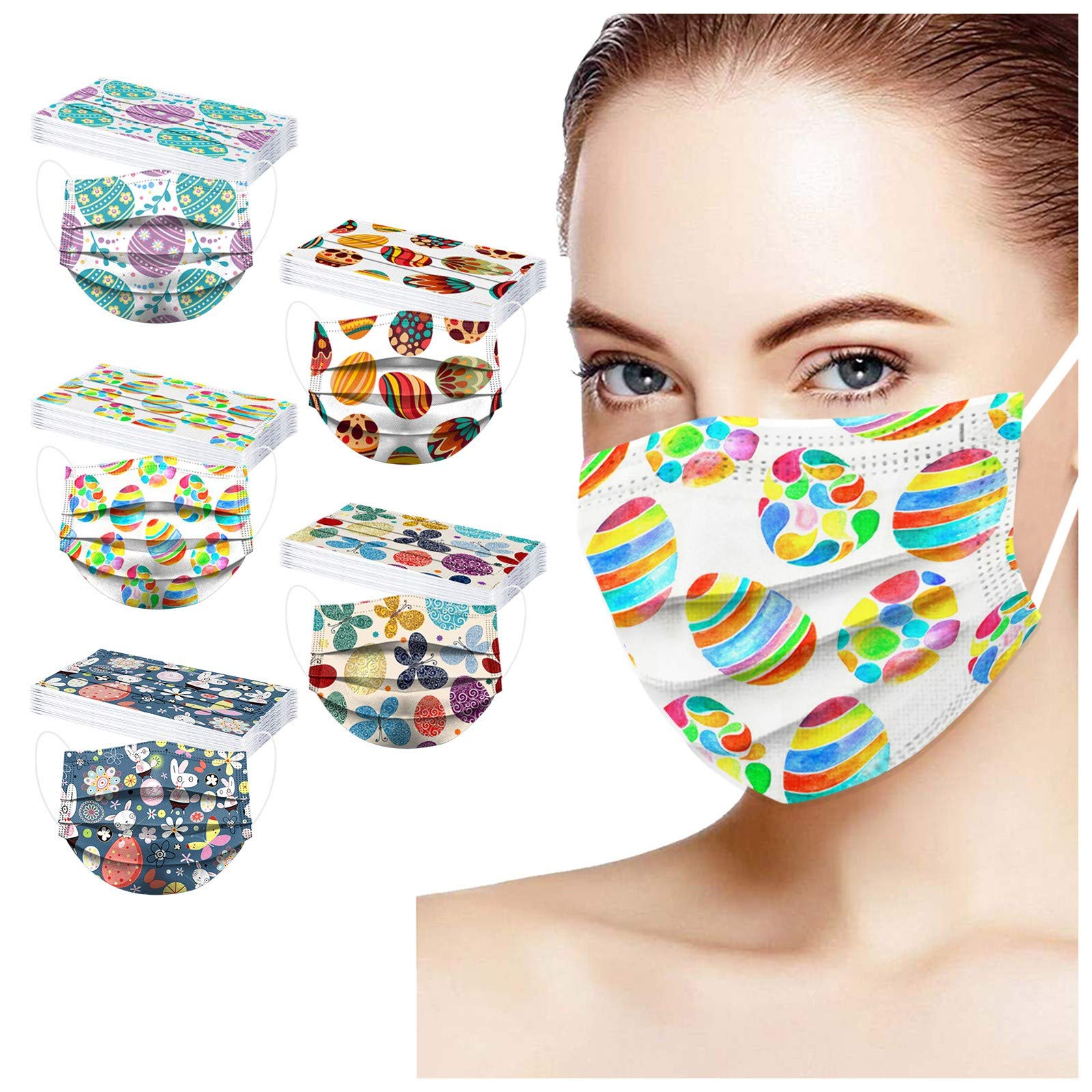 50Pack Happy Easter Day Mask for Women Disposable Anti-Dust Holiday Adult Balaclava Designer Easter Eggs Graphic