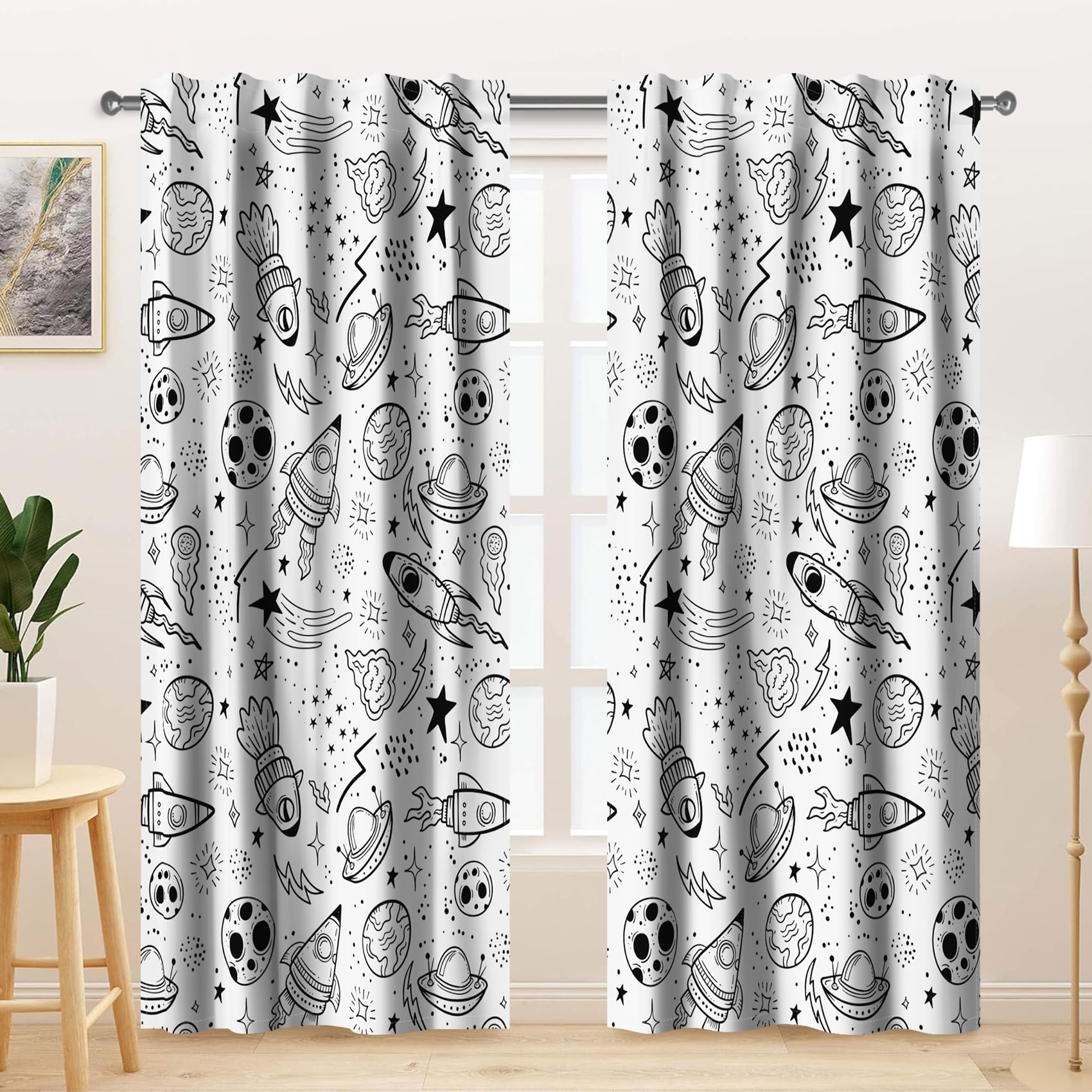 Kzzfqxb Cortinas de Dibujos Animados 107x160cm 2 Paneles, Espacio Exterior Planetas Cohetes OVNI Blanco y Negro draperías para Ventanas, decoración para Dormitorio Infantil guardería y Sala de Estar