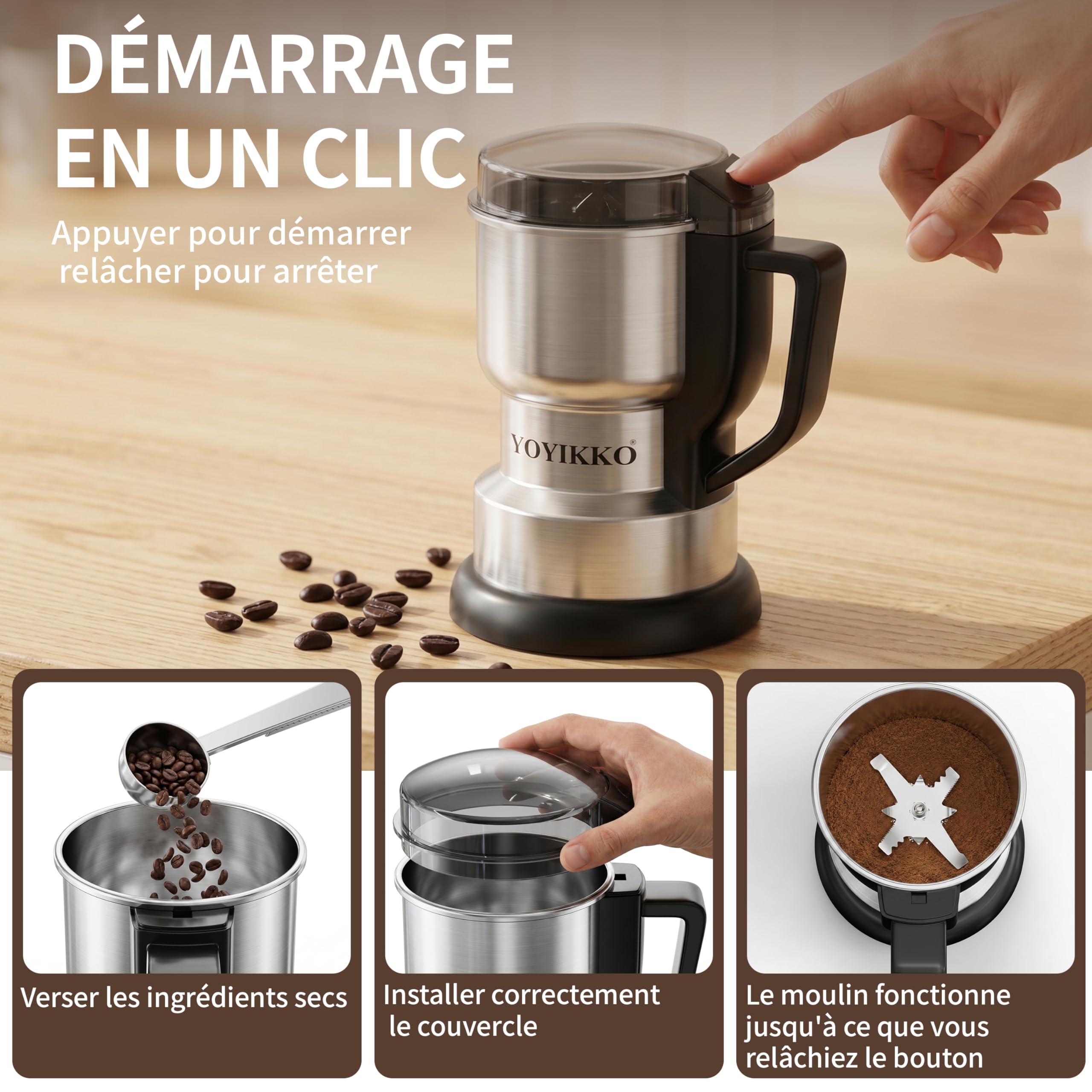 Moulin à café électrique multifonction 400W, Moulin a Graines avec Lames en Acier Inoxydable Coffee，broyage rapide et uniforme，Macinacaffè Pour café, épices et autres aliments (argenté-X60)