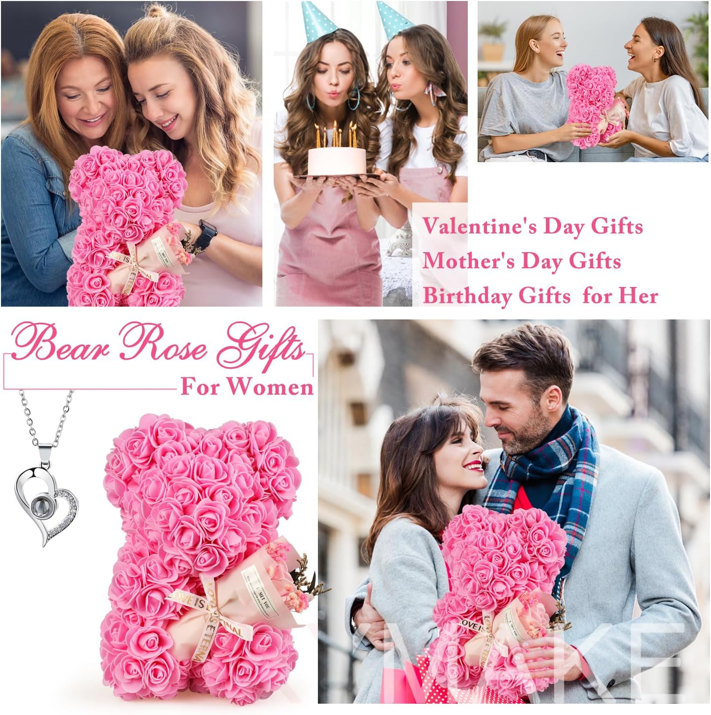 Valentine's Day Gift for Her Rose Bear Pink Rose Teddy Bear Birthday Gifts for Women Wife Daughter Girlfriend,Flower Bear with Rose Bouquet and I Love You Necklace - Image 5