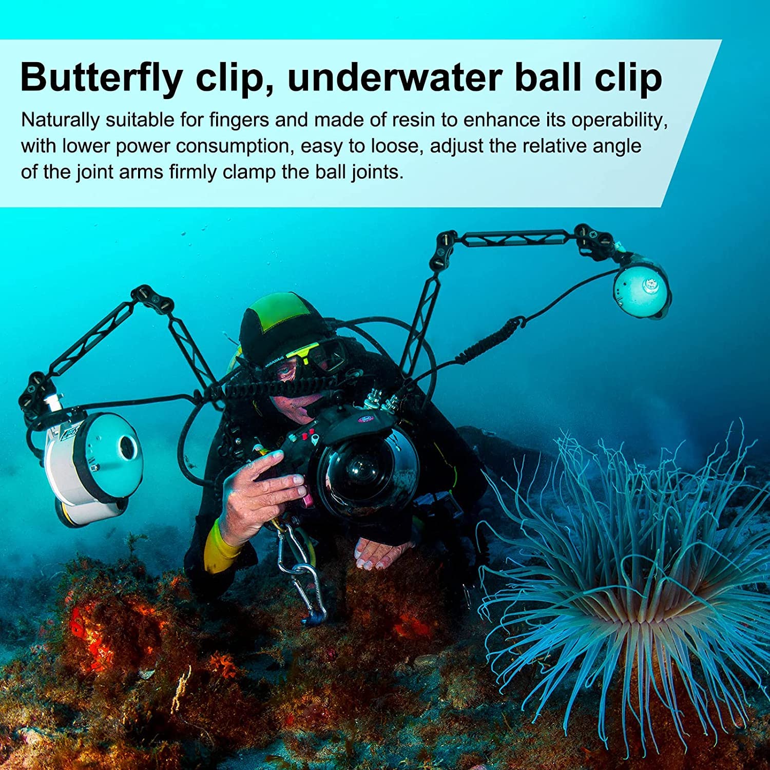 Seafrogs - Soporte de abrazadera de bola de aluminio de 1 pulgada, soporte adaptador de clip estándar de 360° para luz de buceo subacuático (CP-4-2 piezas)