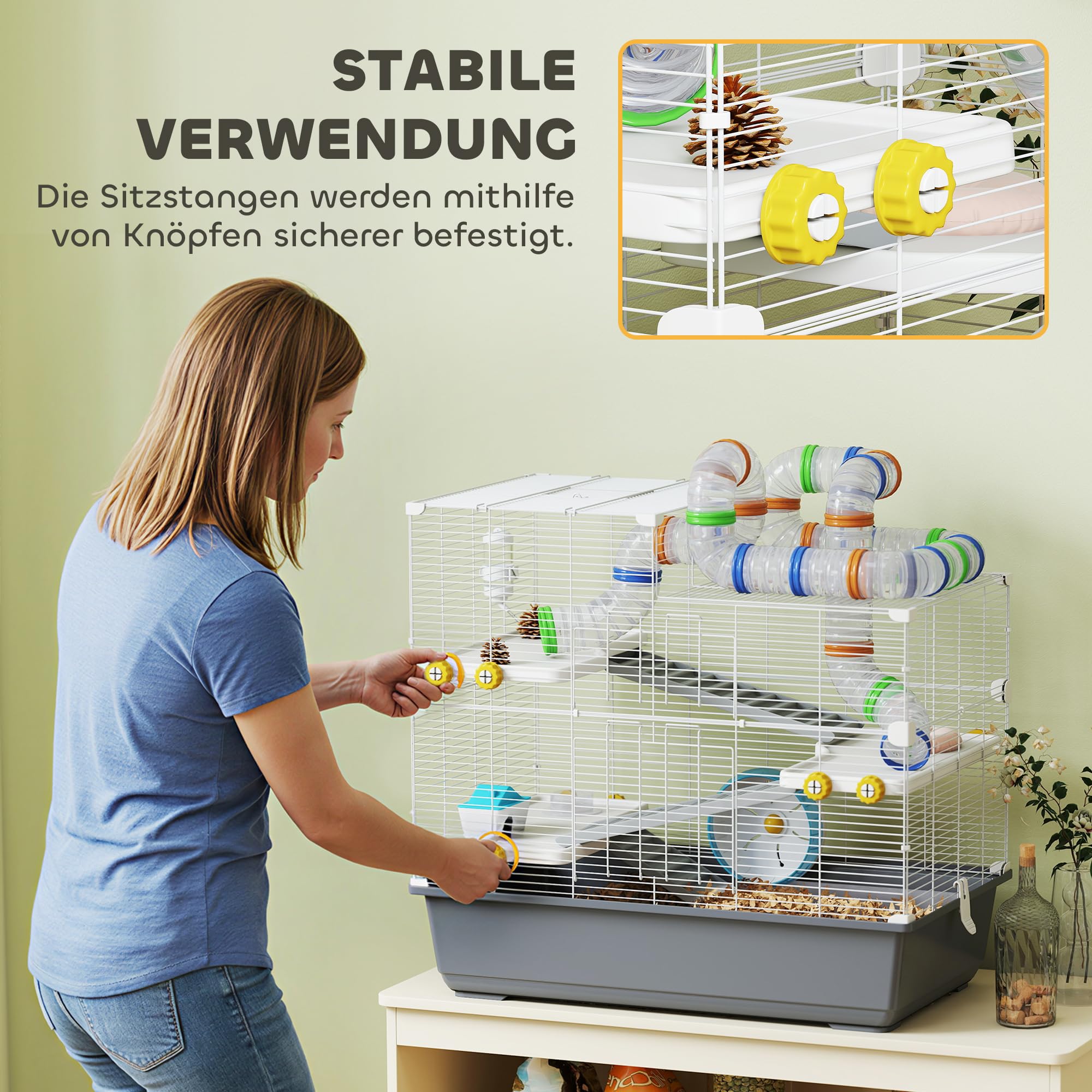 PawHut Hamsterkäfig 4 Etagen Nagerkäfig Kleintierkäfig mit Laufrad Futternapf Tunnel Hütte Obertür, Kleintierstall Käfig für Hamster Syrischer Hamster 78 x 45 x 73 cm, Grau