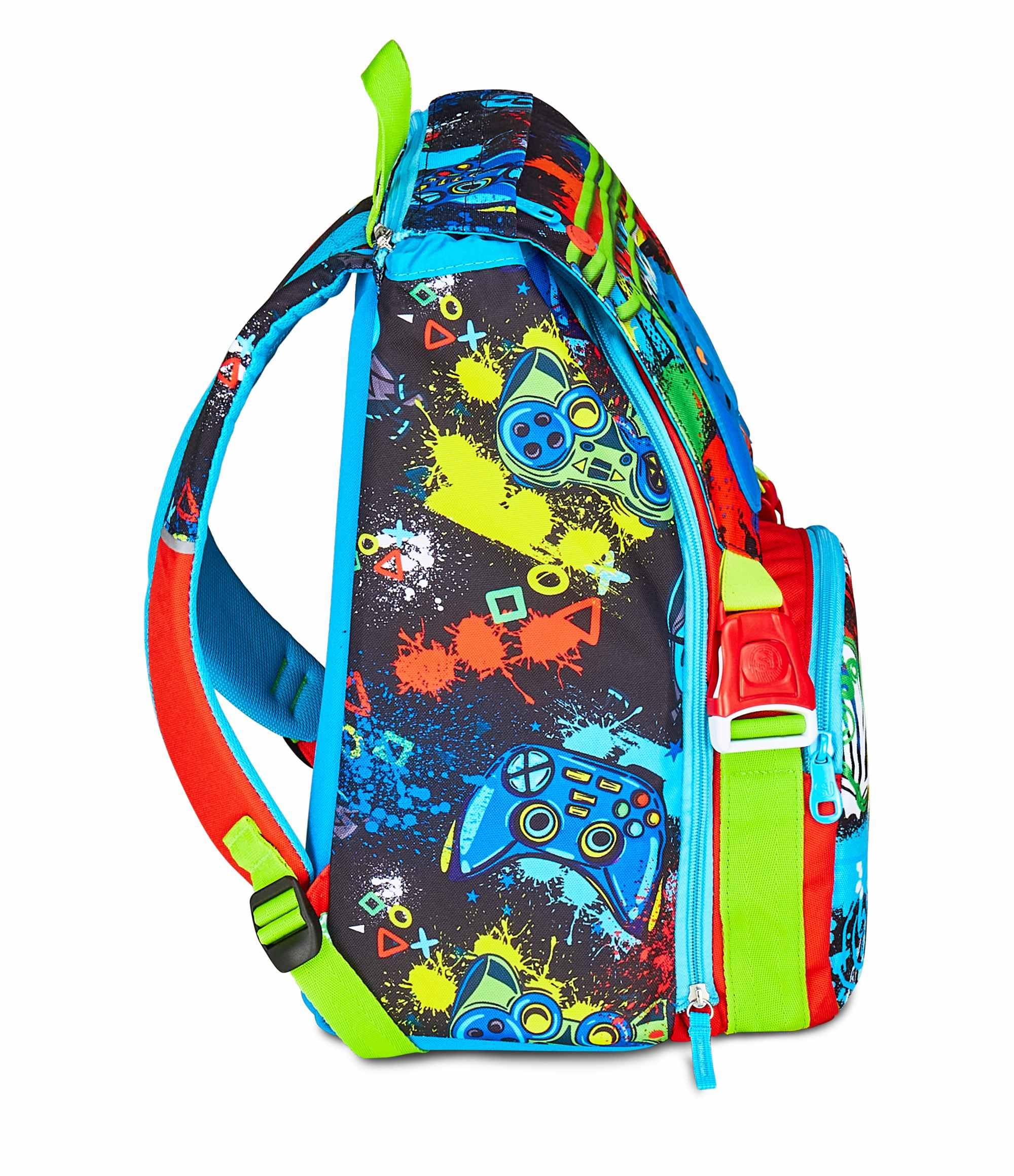 SJ GANG STYLE JAM GANG Zaino Scuola Estensibile Big, Blu, Zaino con Divisorio Interno, Tasca Superiore con LED Joystick, Tasca per Borraccia, 24 L, Zaino Scuola Elementare, Zaino Bambino