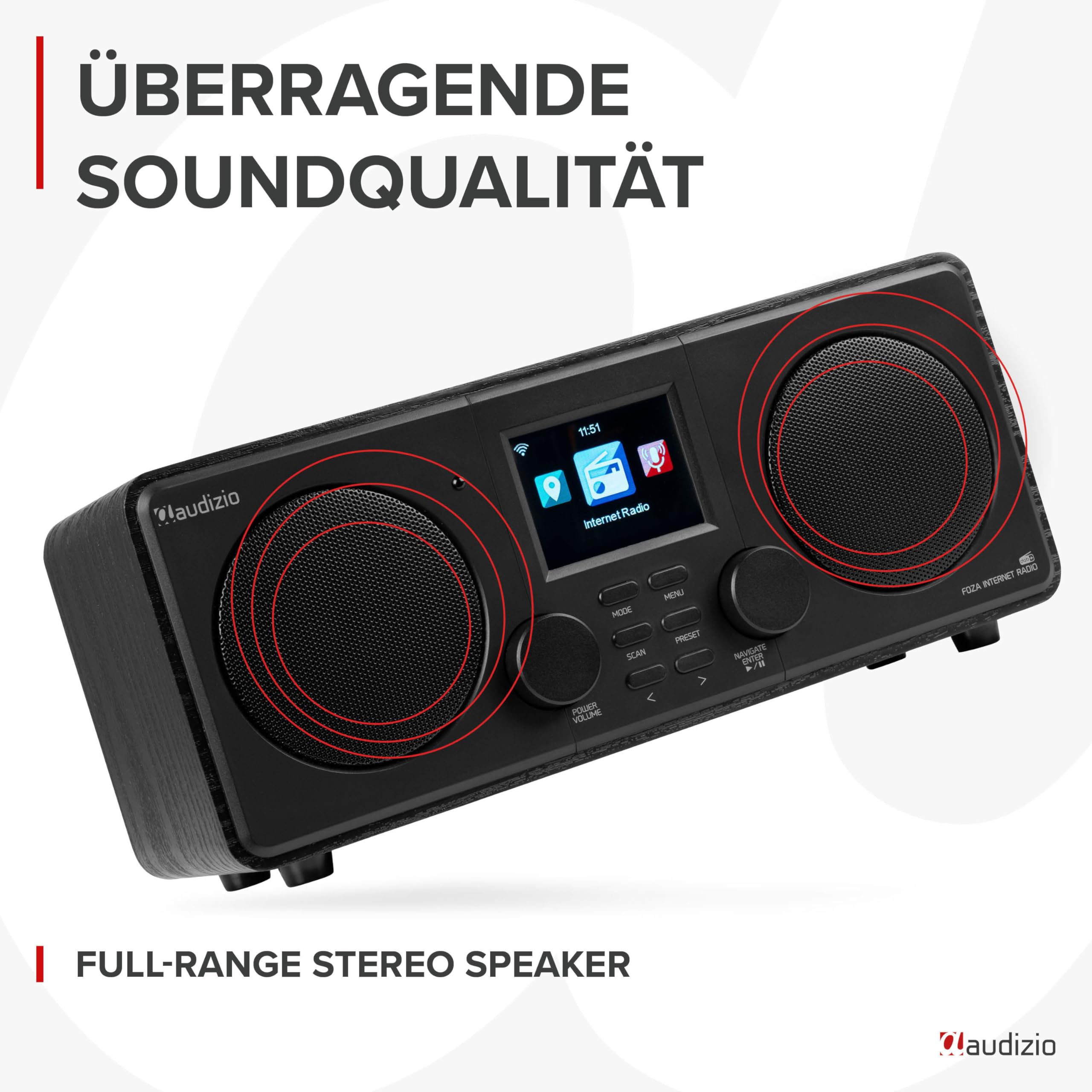 Audizio Foza - Internetradio WLAN, DAB Radio mit Bluetooth, Fernbedienung, 50 Watt, FM, AUX in, USB, MP3, Kopfhörer Anschluss, DAB Plus Radio, Küchenradio, Dual Alarm, Sleeptimer - Schwarz