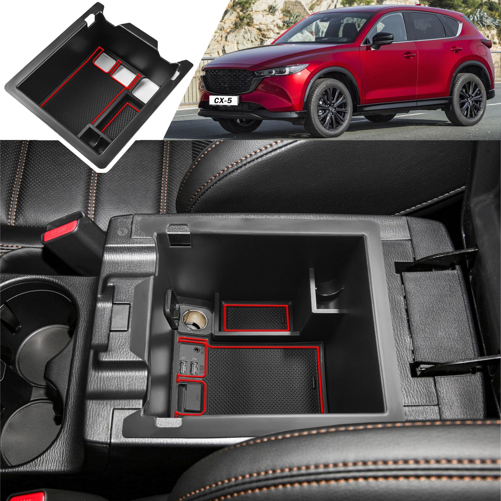 TACOBROCenter Console Organizer Compatible with Mazda CX-5 2017-2022 2023 2024 Truck Accessories,Keep Organized with Armrest Insert Tray， Easy to Install and Vehicle-Specific Design, Red