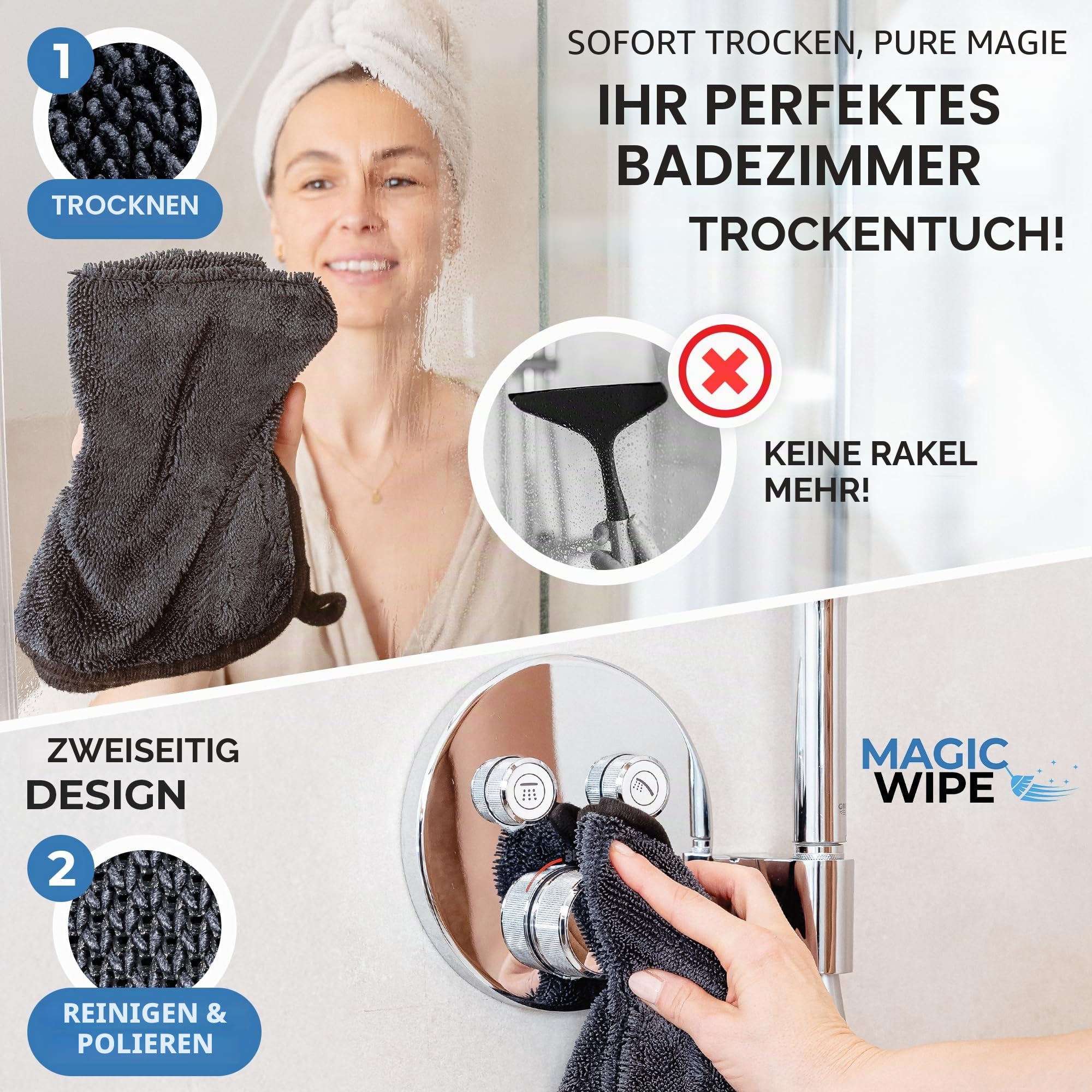 Magicwipe® Badezimmer Trockentuch XXL (40×60cm, 4er Pack) - Entfernt Kalk & Hartwasserflecken in Sekunden mit nur Wasser - Streifenfrei für Duschglas & Fliesen - Wiederverwendbares Mikrofasertuch