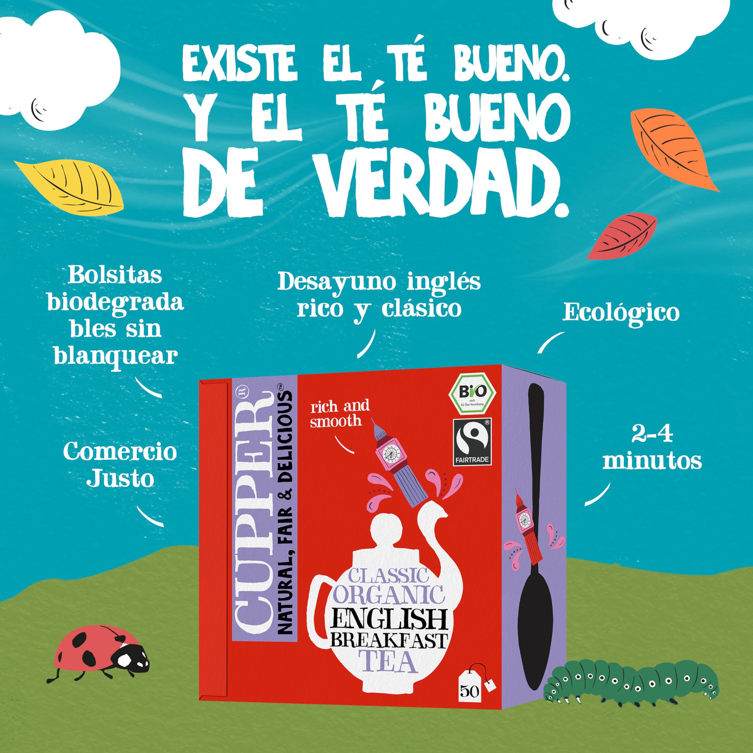 CUPPER - Caja de 50 Bolsitas de Té Negro English Breakfast Ecológico - Apto para Veganos - Propiedades digestivas suaves - Sin azúcares añadidos