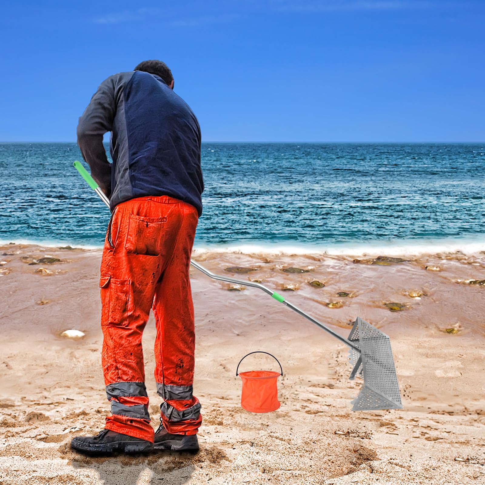 BOXOB Rastrillo y Cubo de Arena de Playa, Acero Inoxidable Desmontable Dientes Afilados Cesta Ancha Rastrillo Playa Tamiz Arena Pala Herramientas Prácticas para Encontrar