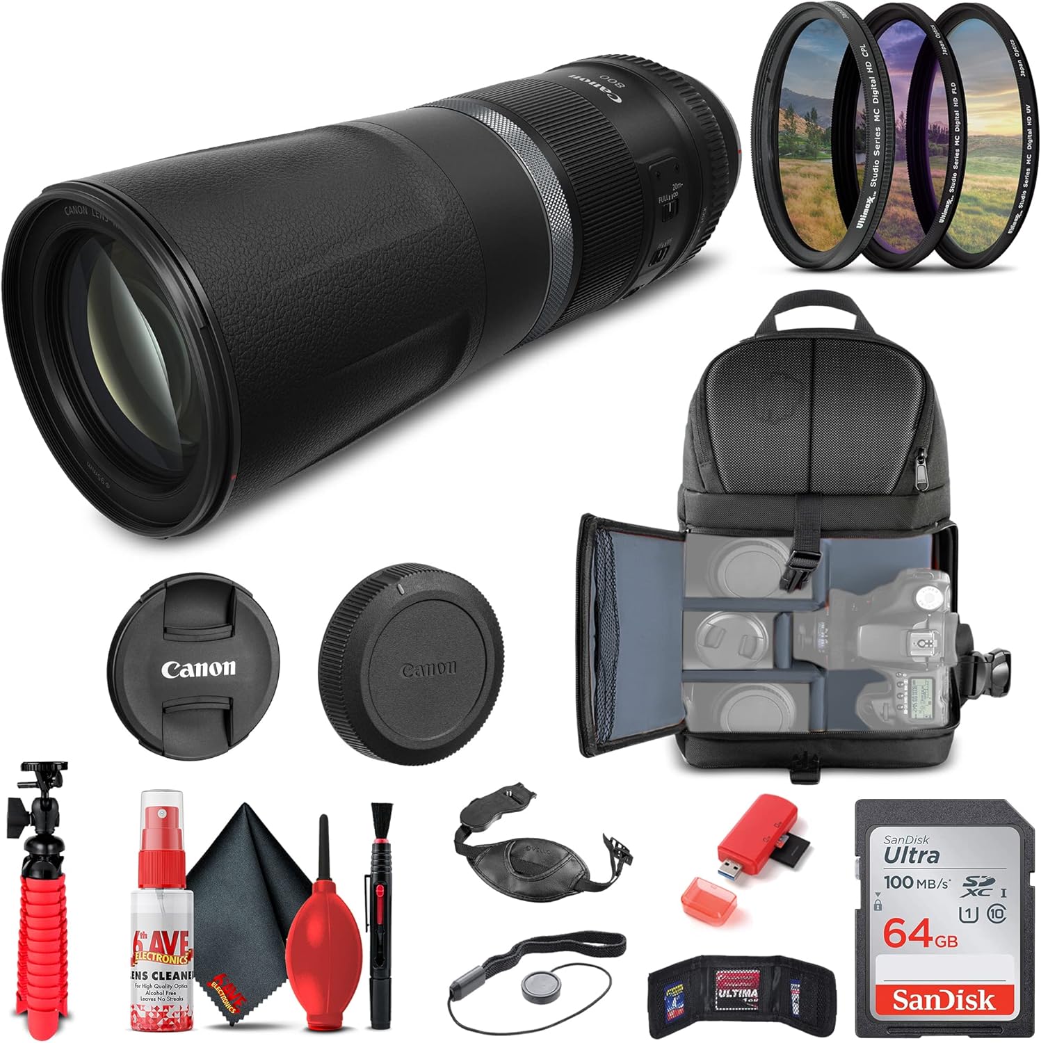 Canon RF 800mm f/11 is STM Lens (3987C002) + Backpack + 64GB Card + Card Reader + UV Filter + Flex Tripod + Memory Wallet + Cap Keeper + Cleaning Kit + Hand Strap + More