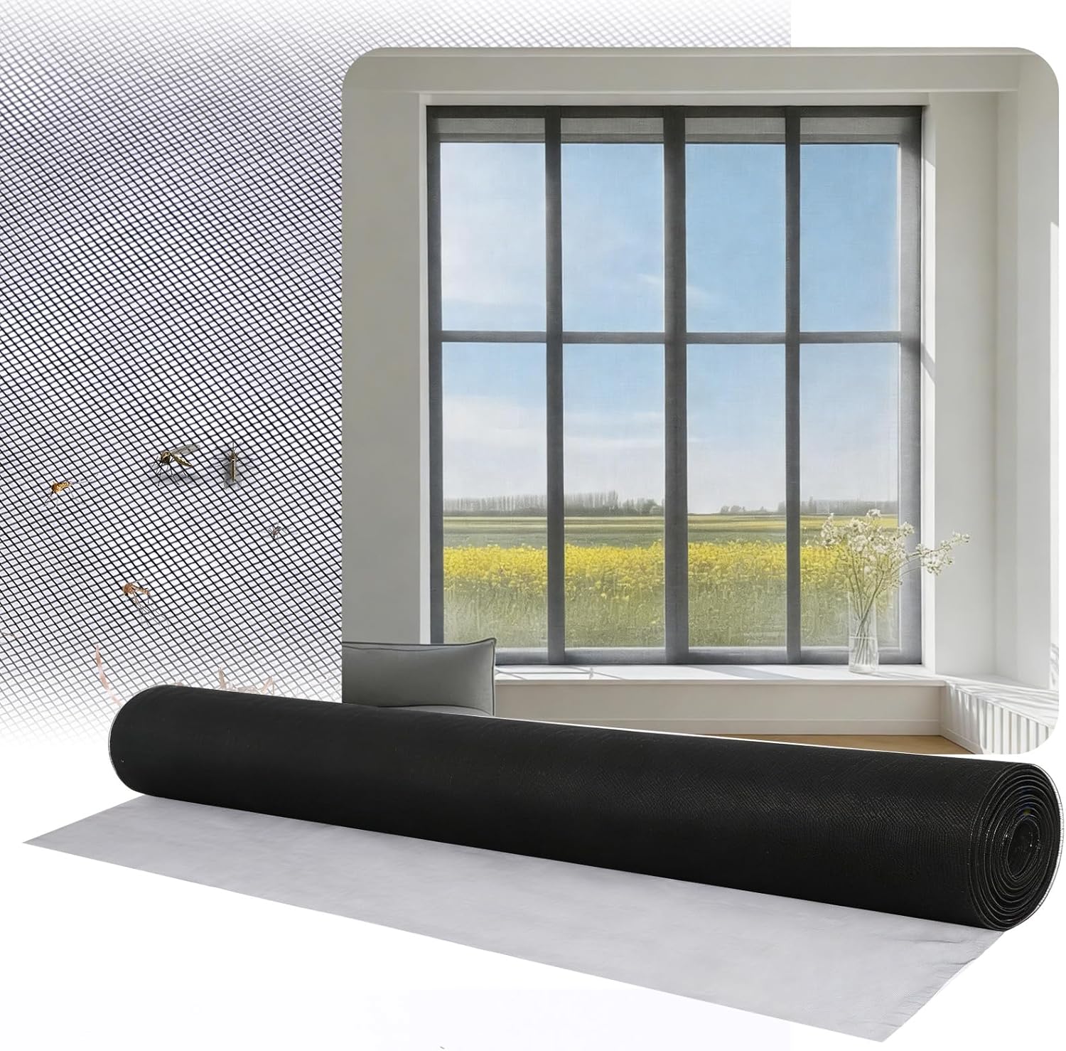 FAHKNS Fiberglass Window Screen Mesh 48 in x 100 ft, Window Screen Replacement, Screen Door Mesh, Screen Mesh Roll for Window, Patio Screen, Porch Screen, or Door