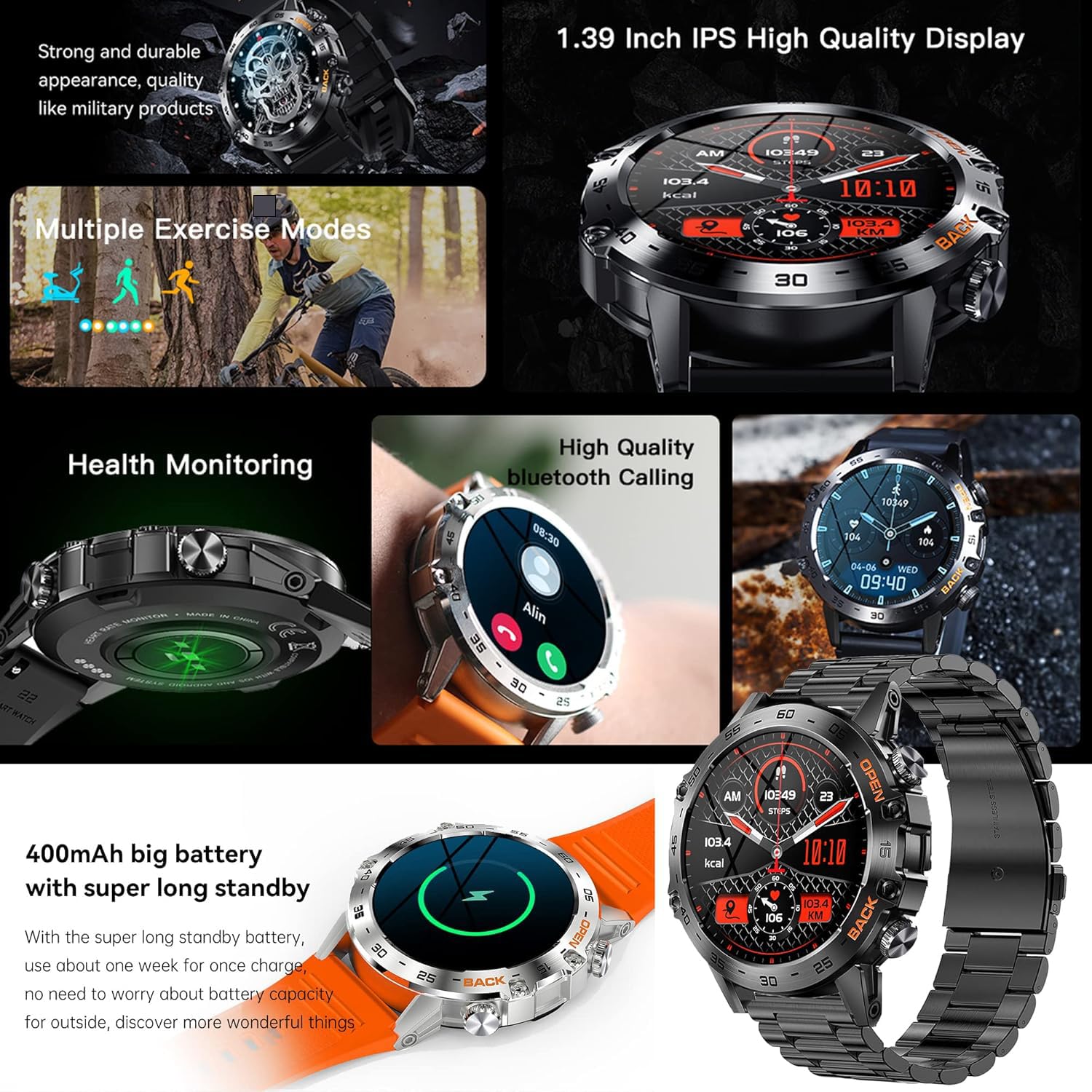 Smartwatch Herren mit Telefonfunktion,1,39”Touchscreen 5ATM Wasserdicht Sportuhr mit Blutdruckmessung, SpO2, 100+ Sportmodi, Outdoor Fitness Tracker Militär Uhr kompatibel mit iOS Android (Schwarz)