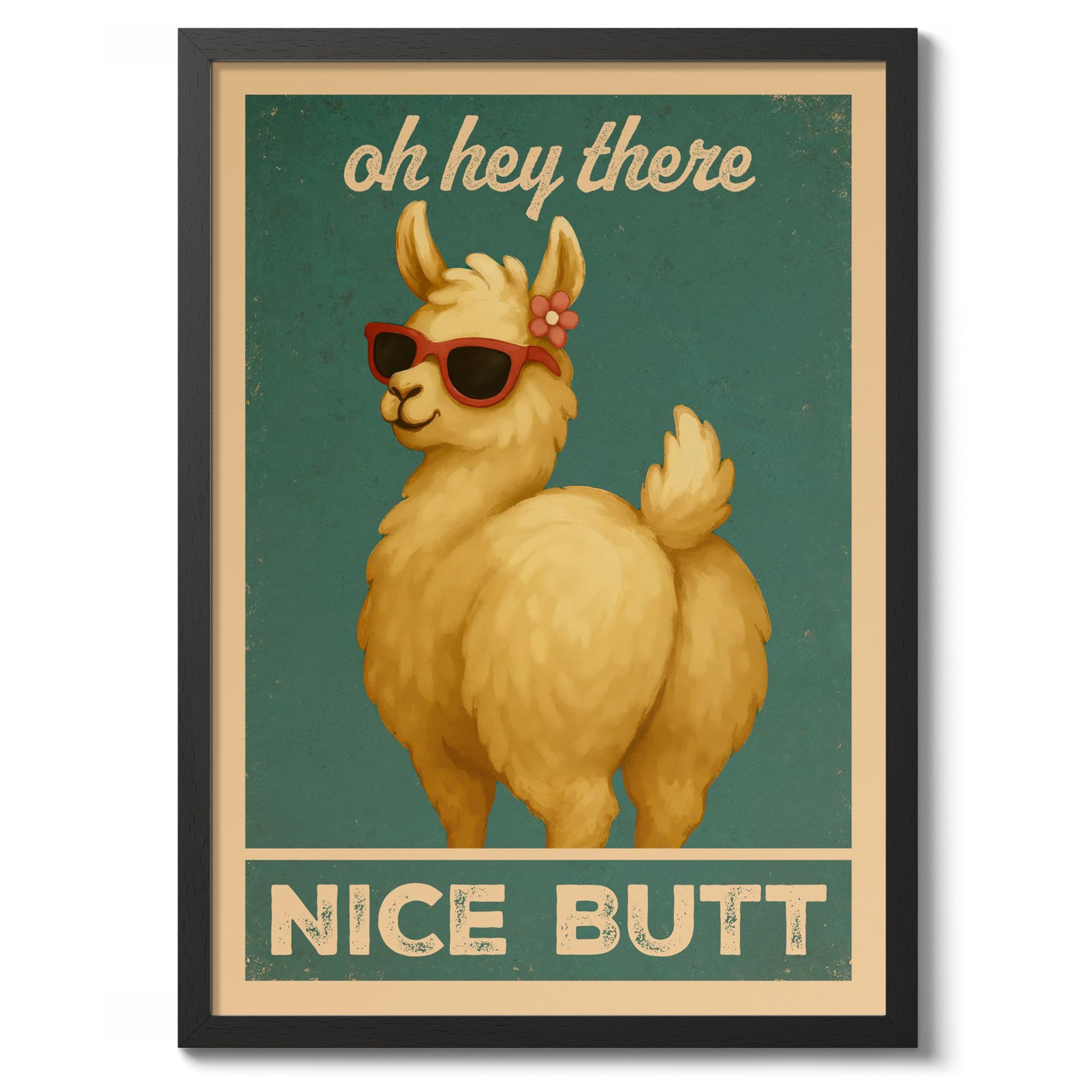 Oh Hey There, Nice Butt Poster, Retro Animal Bathroom Print, Comedy Toilet Wall Art, A3 (Black Frame) - 45x32.8cm