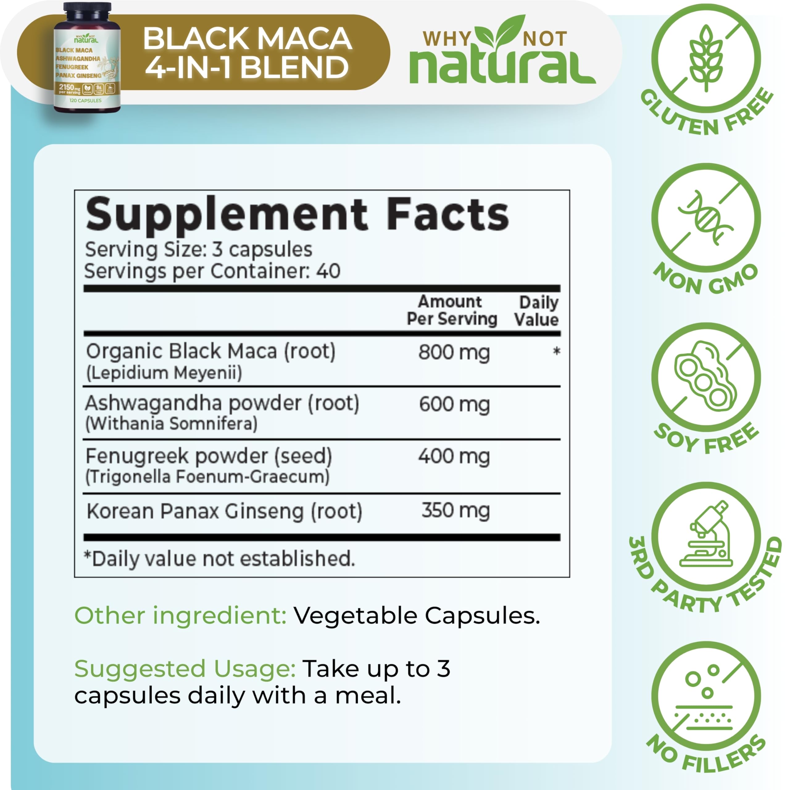 4-in-1 Organic Black Maca Root, Ashwagandha, Fenugreek, Panax Ginseng — Amazon image 4