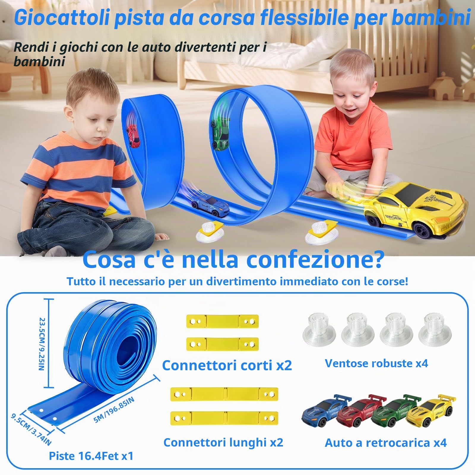 RedCrab Pista da Corsa Flessibile per Bambini, Lunga 5 m Pista da Corsa Flessibile con 4 Macchinine e 4 Ventose, Compatibile con Modellini di Auto Diecast in Scala 1:64