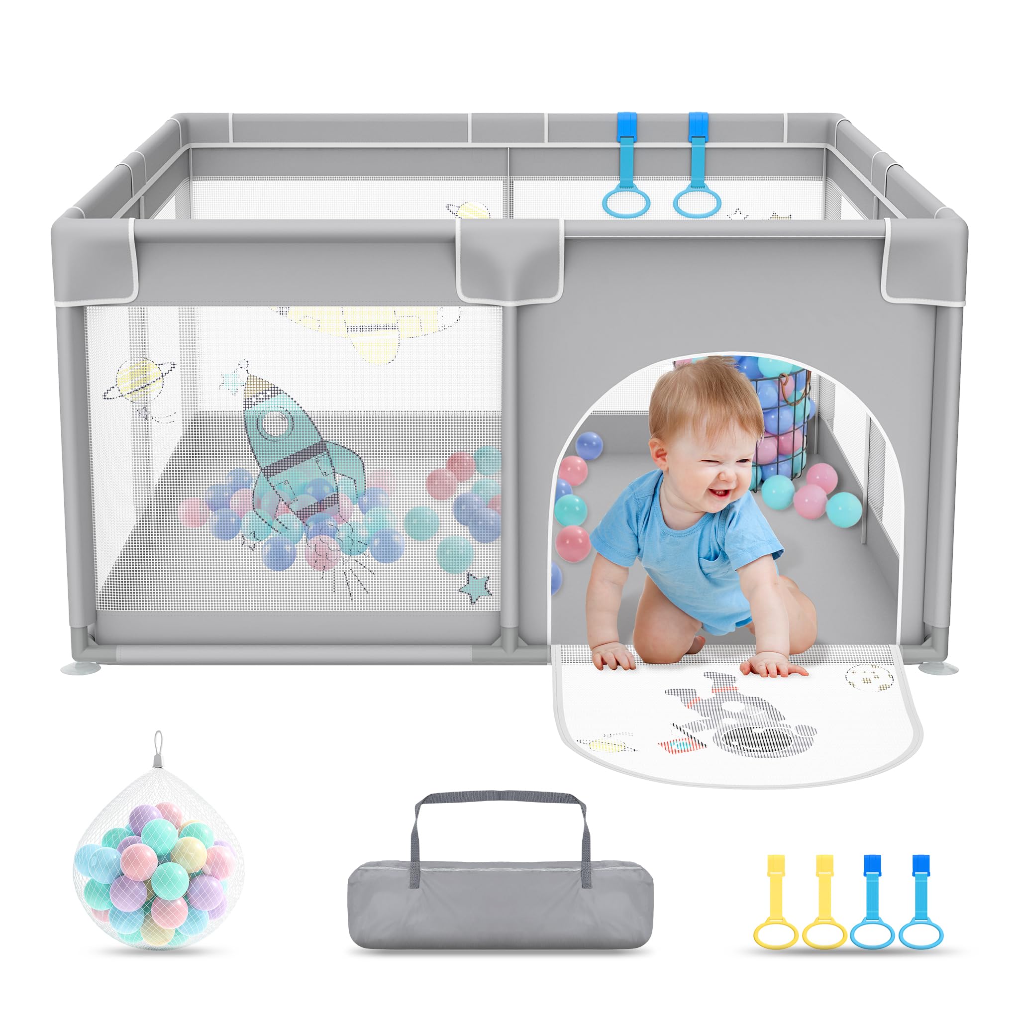 UISEBRT Laufstall Baby 127x127cmLaufgitter für Baby mit 50 Ocean Bällen & 4 Zugringen & Tragetasche, Faltbar Laufgitterzelt mit Atmungsaktivem Netz für Kinder, Grau mit Astronautenmotiven