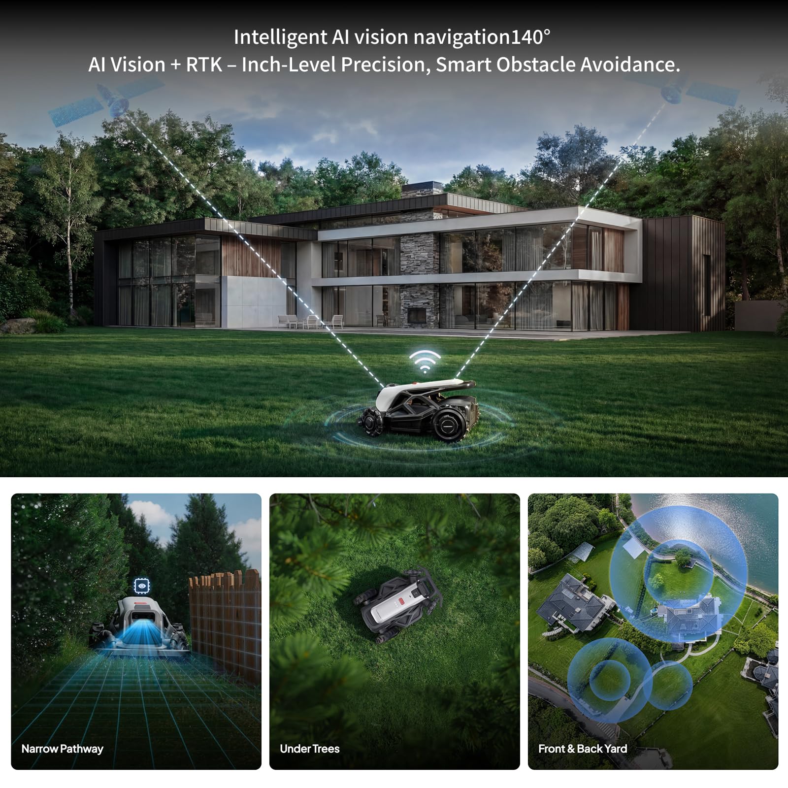 TRON SE Mähroboter ohne Begrenzungskabel Optimaler 1500㎡, NRTK+Vision-Navigation, Kein Signalabbruch, 140° KI-Hindernisvermeidung, Auto-Mehrzonen-Kartierung,Keine Antenne,IPX6,10Ah-Akku