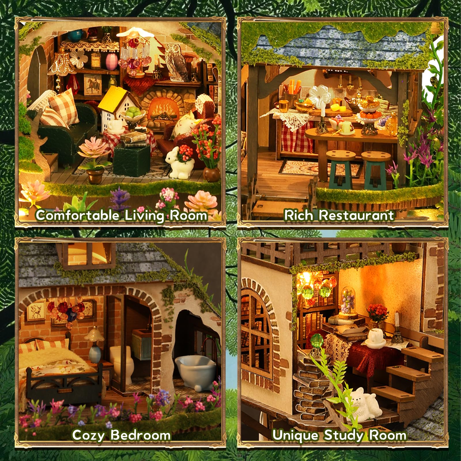 Kit fai da te in miniatura, kit per casa delle bambole vittoriana, puzzle 3D in legno per libreria, kit per la costruzione di mini case delle bambole per adulti e adolescenti (Cottage nella foresta)
