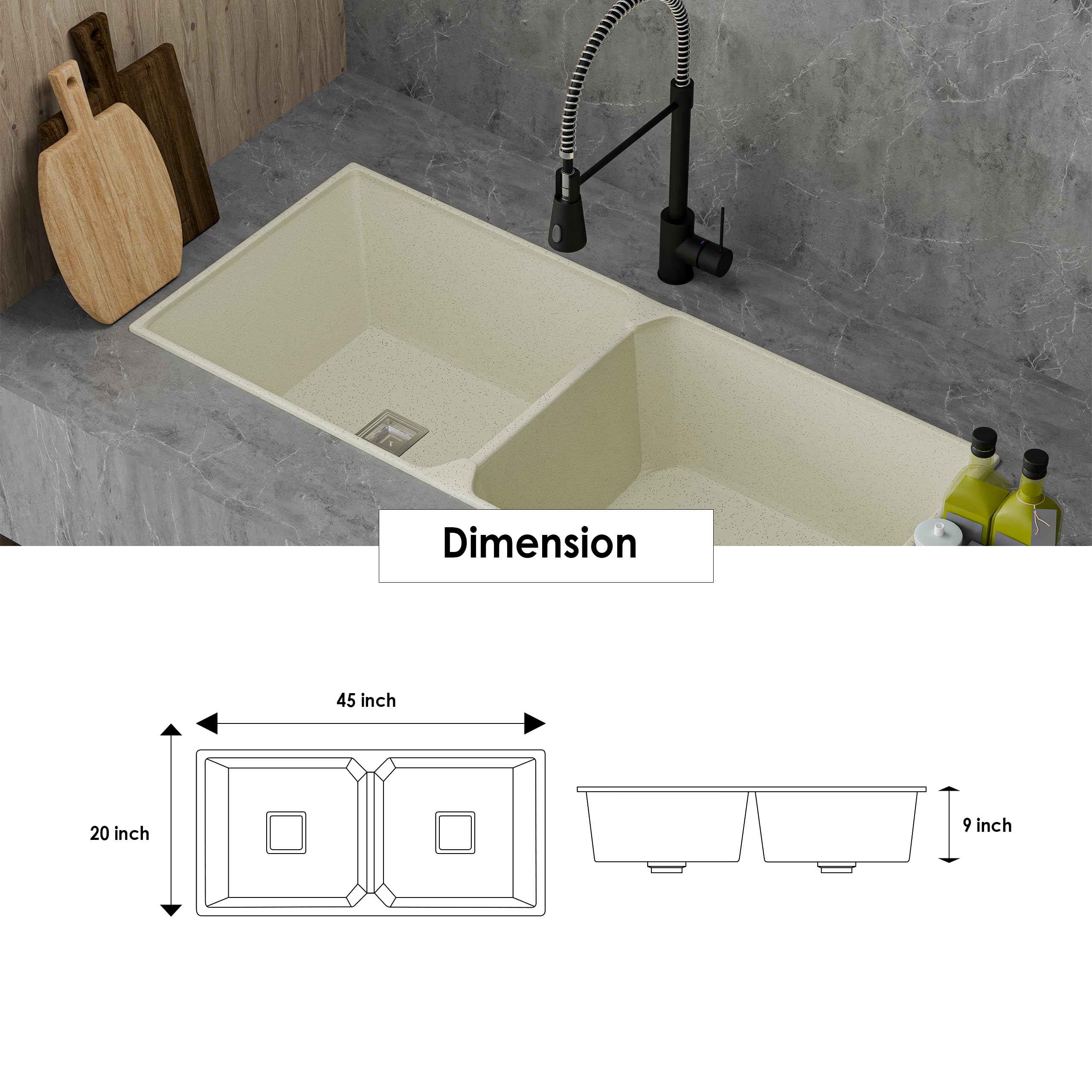 HISRE Double Bowl Quartz Kitchen Sink 45x20x9 Inches | Spacious Deep Basin, Durable Scratch-Resistant, Noise-Reducing, Easy-to-Clean Sink for Modern Kitchens | Crema, photo 3 of 5