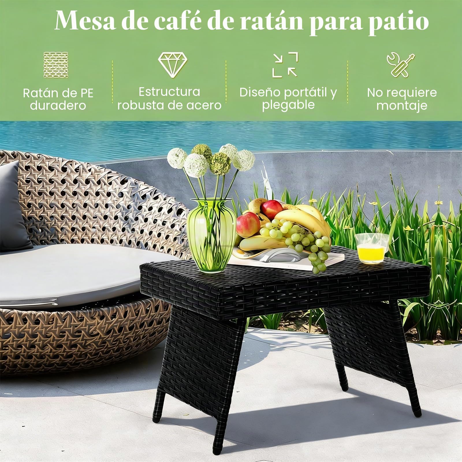 LIFEZEAL Mesa baja plegable de ratán, mesa baja exterior con estructura de acero, 60 x 40 x 40 cm, mesa de jardín con capacidad de carga de 45 kg, color negro