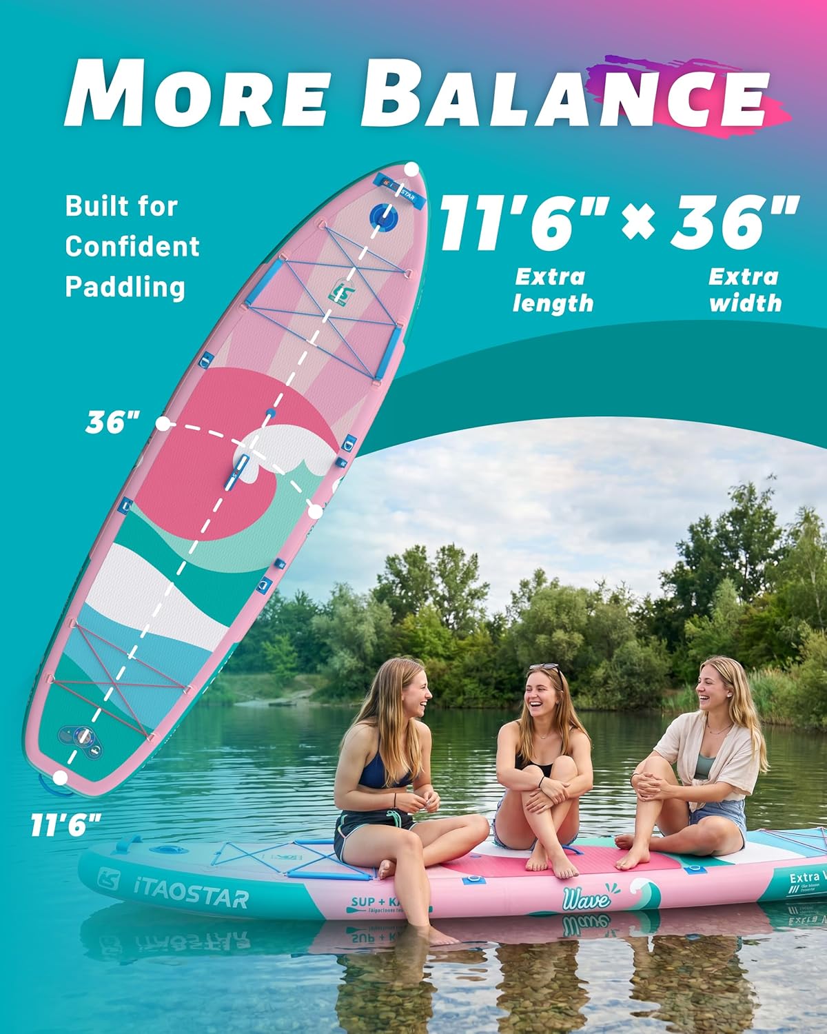 iTAOSTAR Billow 11'6"×36" Extra Wide Paddle Board with Seat, One-Stop Premium SUP Board Accessories, Tailored Fins, Stable Inflatable Stand Up Paddle Boards for Youth/Adults of All Skill Levels