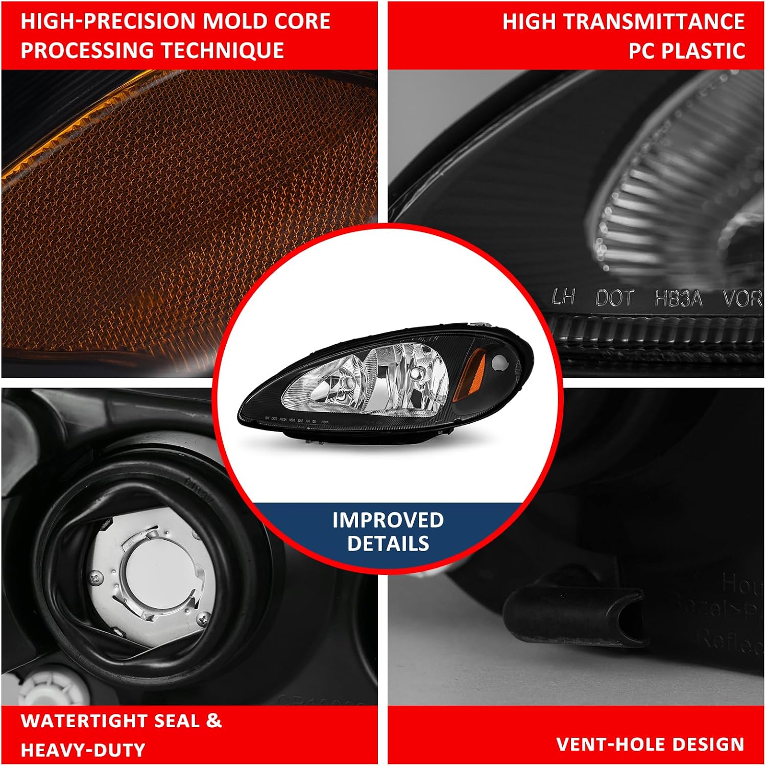 for 2001 2002 2003 2004 2005 Chrysler PT Cruiser Black Headlights Passenger and Driver Side Replacement Headlights（W/O Bulbs）