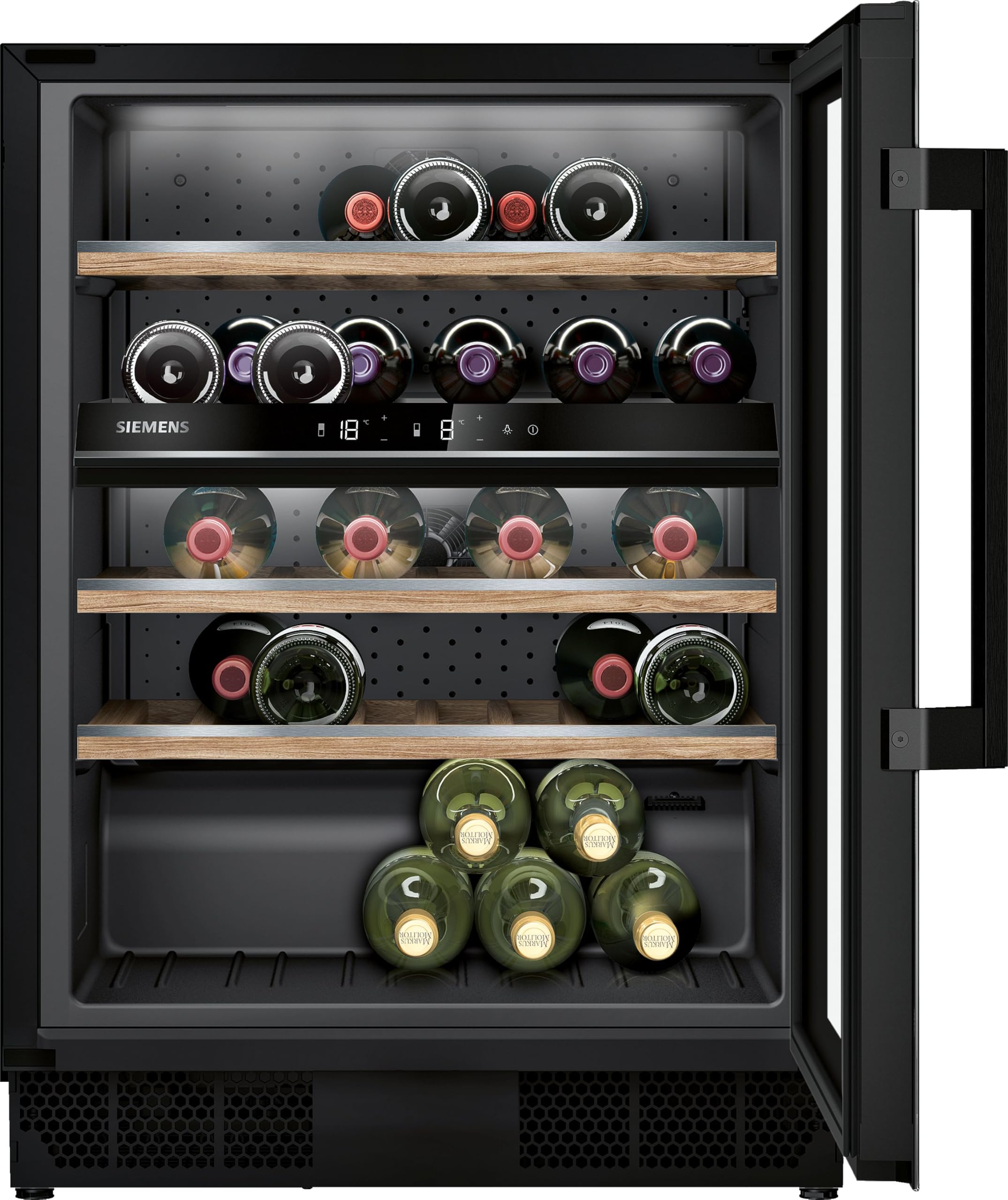 Siemens KU21WAHG0 iQ500 - Frigorifero per vino, 82 x 60 cm, 44 bottiglie, temperatura: 5-20 °C, due zone di temperatura controllate separatamente, 120 l
